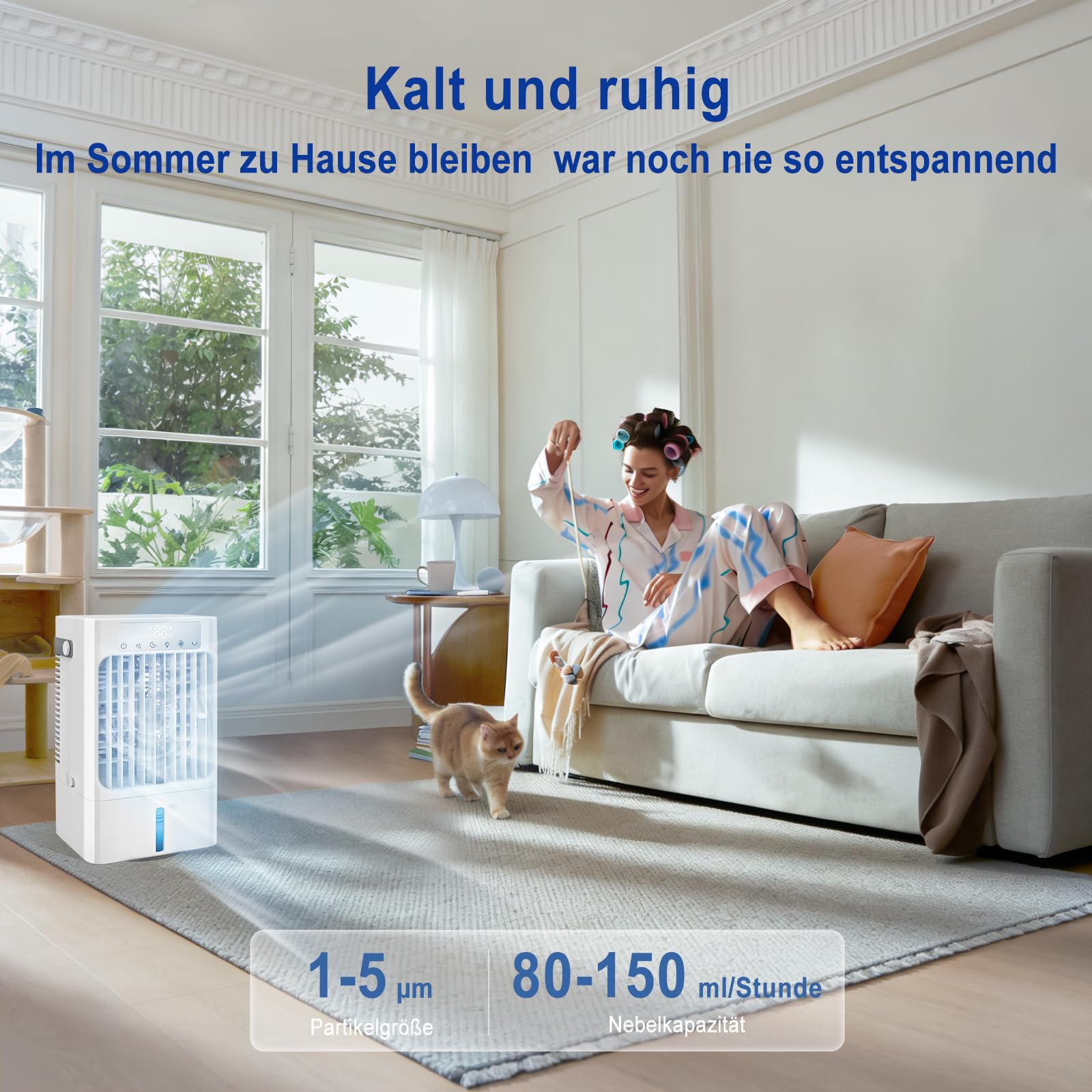 Mobile Klimaanlage Klein, Leise Luftkühler mit Wasserkühlung,3 in 1 Tischventilator für zuhause und büro,Tragbare Air cooler fan mit 900ML wassertank, Klimagerät AC-1-8H Timer