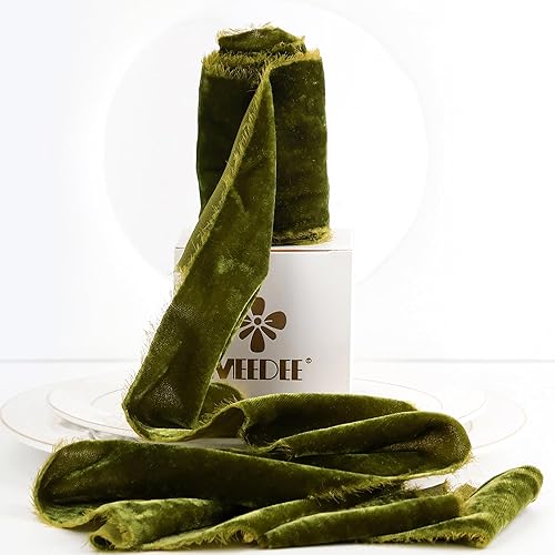 MEEDEE Cinta de terciopelo verde oliva de 3 pulgadas, cinta de terciopelo verde oliva, cinta de terciopelo con borde sin procesar, cinta de