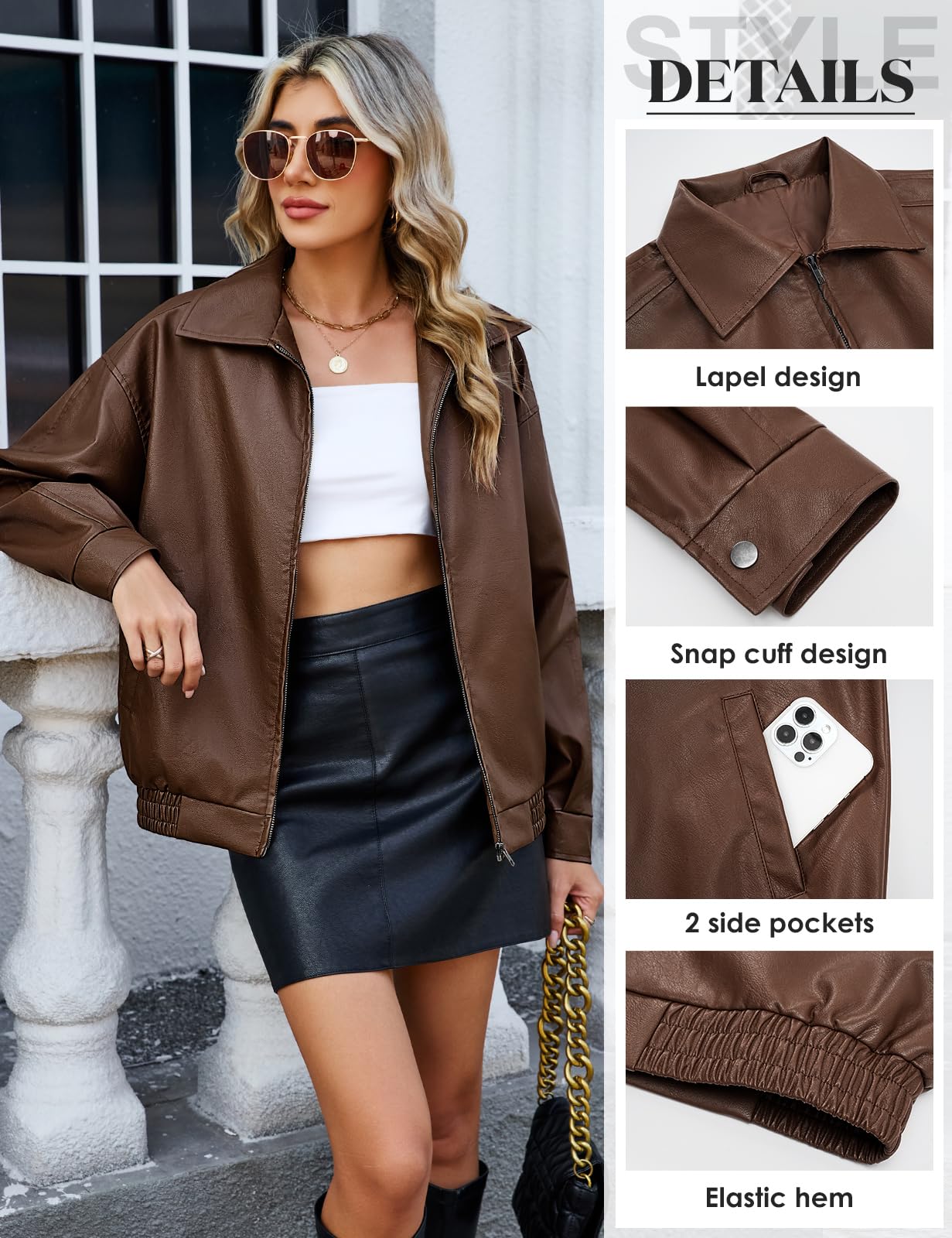 CMTOP Veste Femme Cuir Blouson Femme PU Simili Cuir, Décontractée Mode Y2K Veste mi Saison, Motard Biker Bombers Blousons Léger Zippé Jacket avec Poches pour Printemps Automne