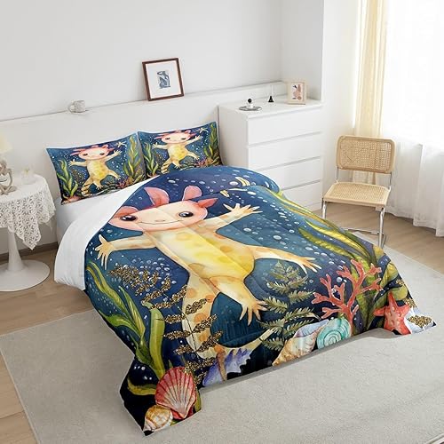 Miniatura 4 de Erosebridal Lindo juego de edredón de ajolote individual para niños y niñas, diseño de Salamanda de dibujos animados, 2 piezas, edredón con temática