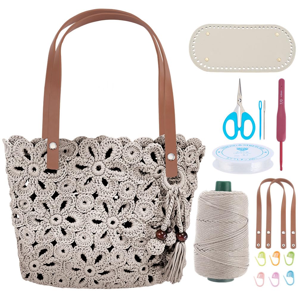 ORIGACH DIY Crochet Handbag Kit, Hollow Out Flower Crochet Tote Bag with PU Leather Band Base Beaded Tassel Include Yarn, Crochet Hooks, Markers Instruction and Video Tutorials, Light Khaki