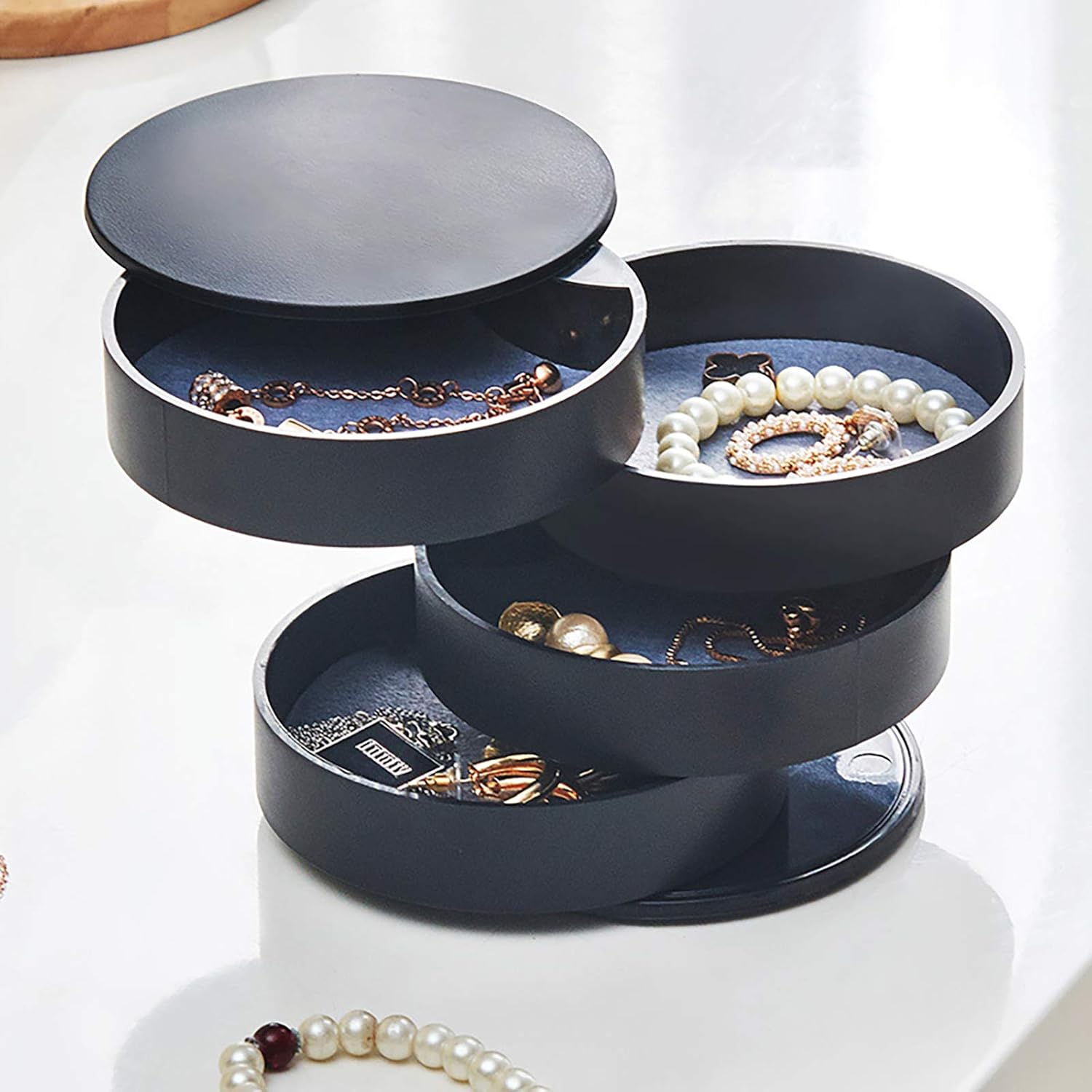 HanOBC Round Jewellery Box, 4 Layer 360 Degree Rotating Jewellery