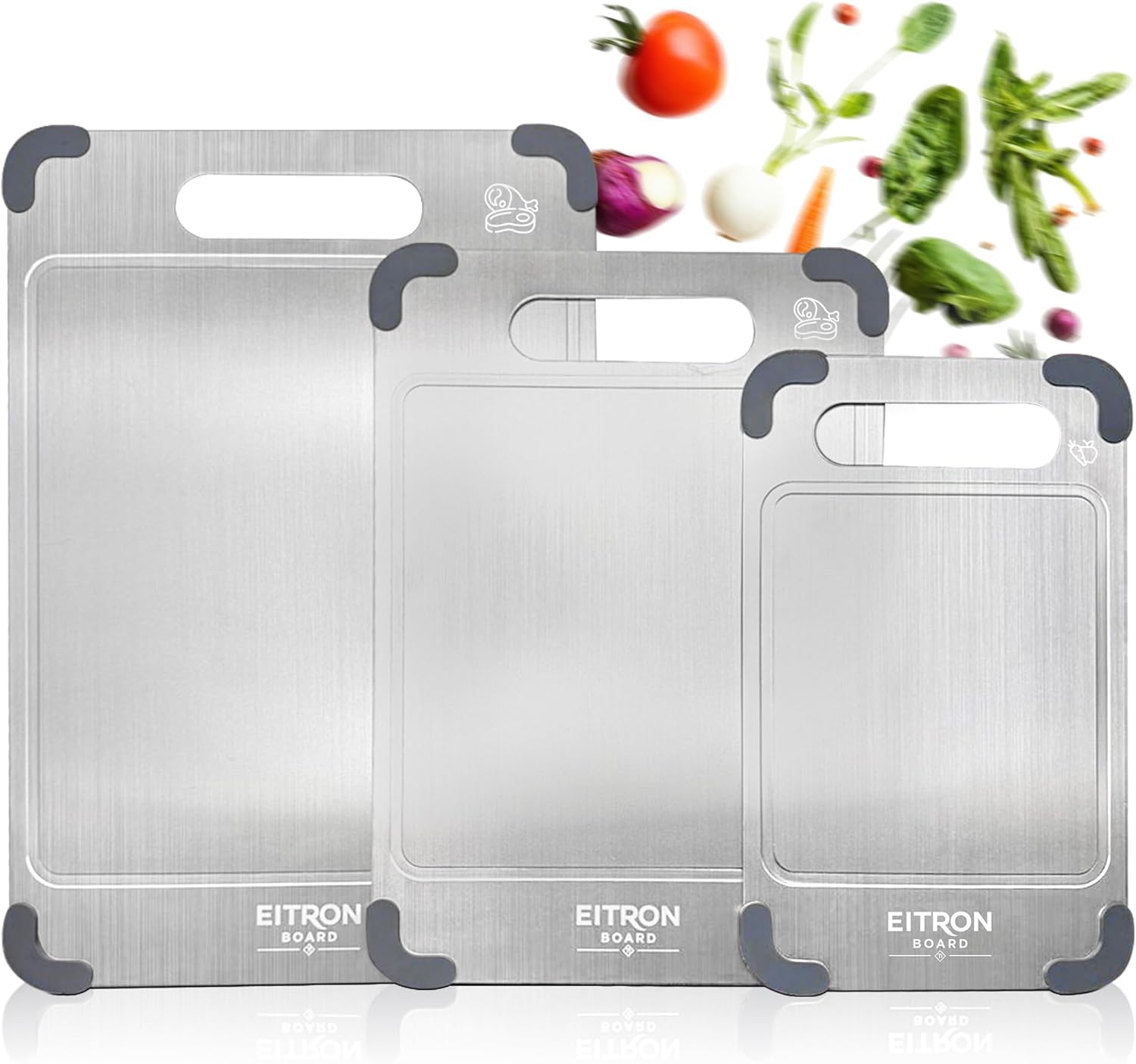 Titanium Cutting Board Set of 3 for Kitchen - 100% Pure Titanium Metal Chopping Boards, Non-Toxic Food Grade, Double-Sided with Juice Groove & Non-Slip Corners, Dishwasher Safe (S+M+L)