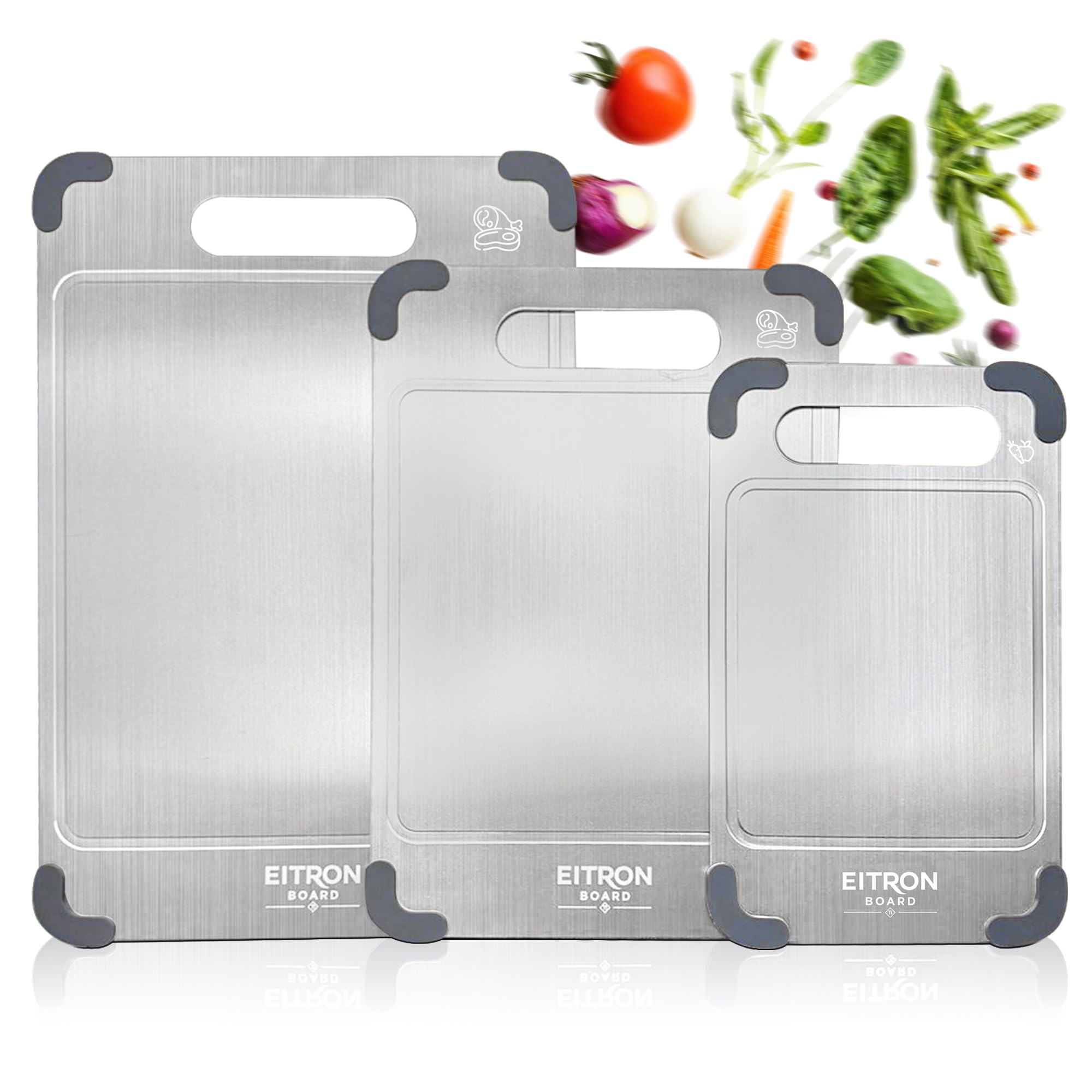Photo 1 of EITRON Titanium Cutting Board Set of 3 for Kitchen - 100% Pure Titanium Metal Chopping Boards, Non-Toxic Food Grade, Double-Sided with Juice Groove & Non-Slip Corners, Dishwasher Safe (S+M+L)