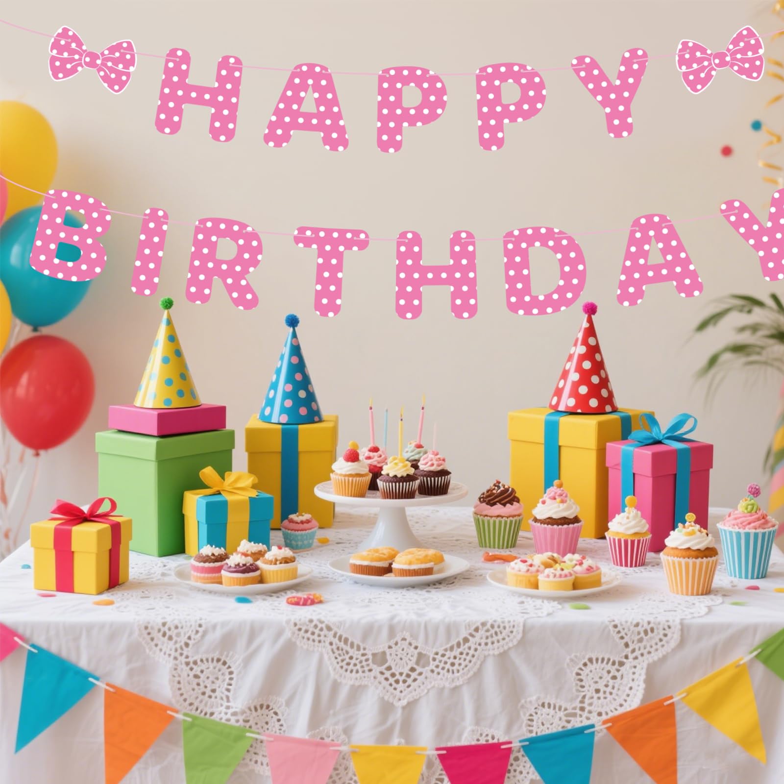 Banderole Happy Birthday Rose Avec Souris - Décoration Fête Baby Shower, Anniversaire, Thème Dessin Animé
