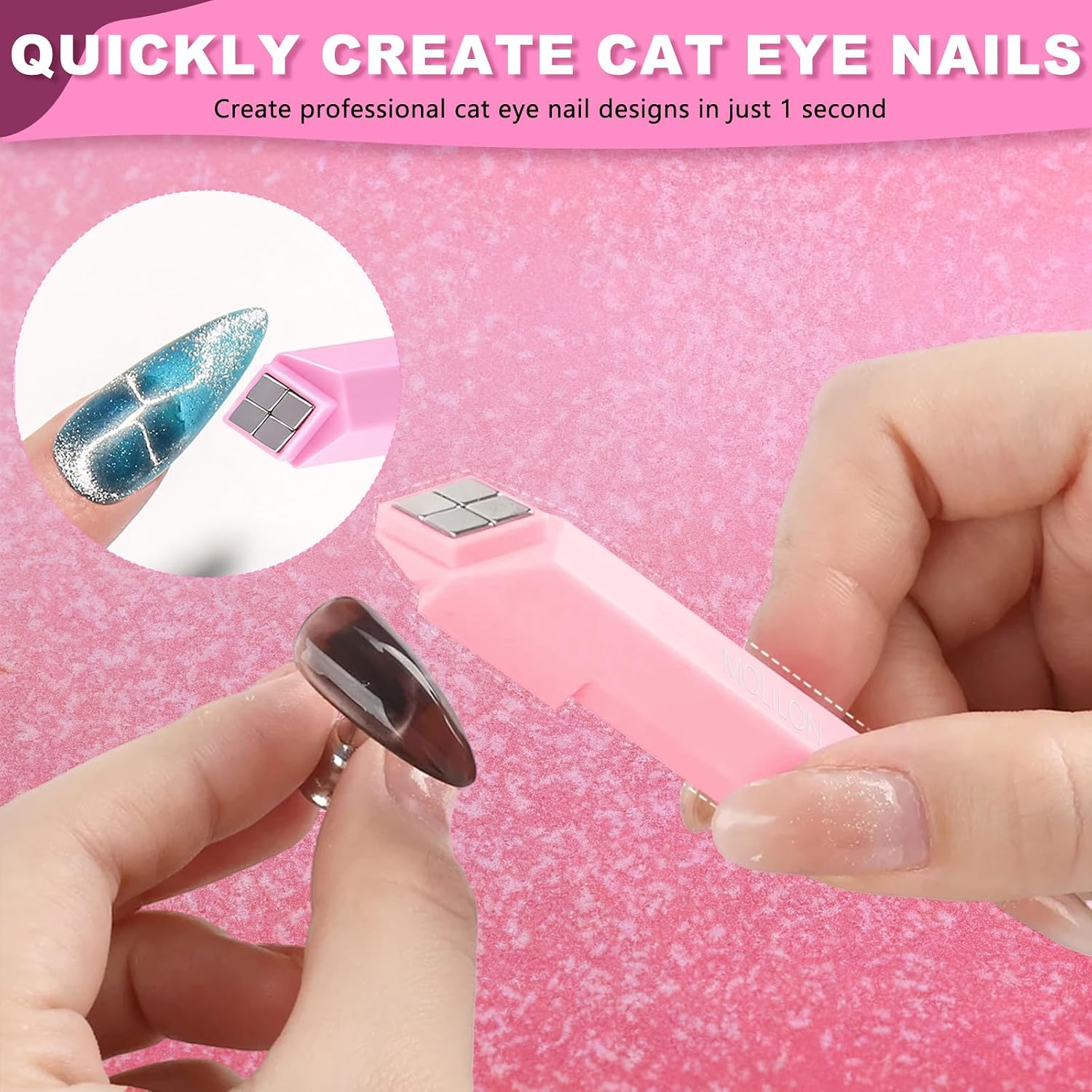 Cat Eye Magnet for Nails, 4-in-1 Nail Cat Eye Nail Magnets Multifunctional Magnetic Gel Nail Polish Magnet, Essentials Strong Cat's Eye Nail Tool for Art Home & Salon Use - Pink