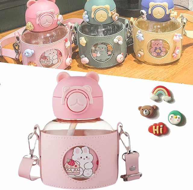 Kawaii Water Bottle Kawaii Bear Water Bottle Cute Pot Belly Cup with Cup Sleeve with Straw Portable Cute Water Bottles Kawaii (Pink)