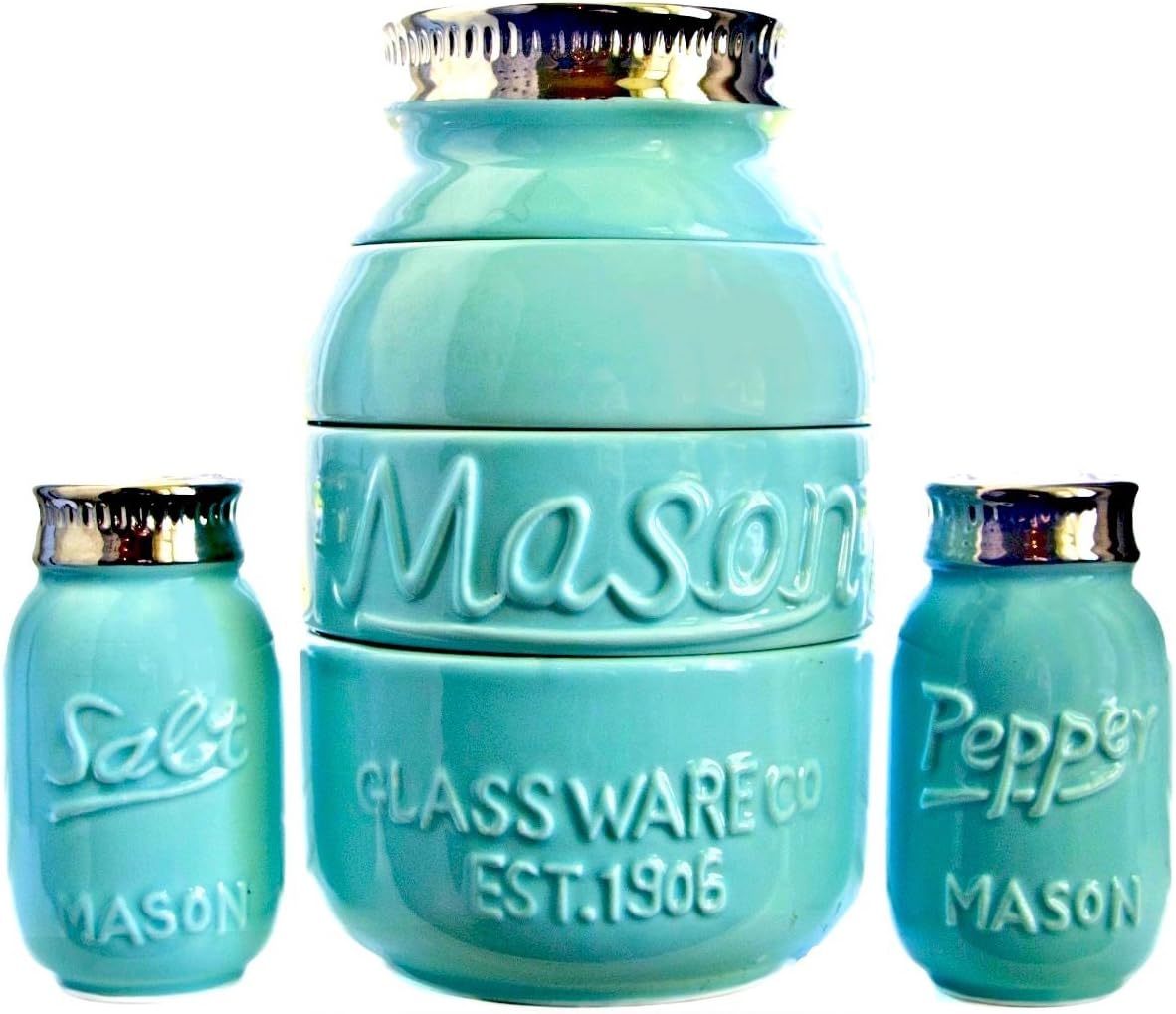 Mason Jar Measuring Cups Salt and Pepper Shaker Kitchen Baking Set Vintage Rustic Antique Farmhouse Look and Design Teal Blue