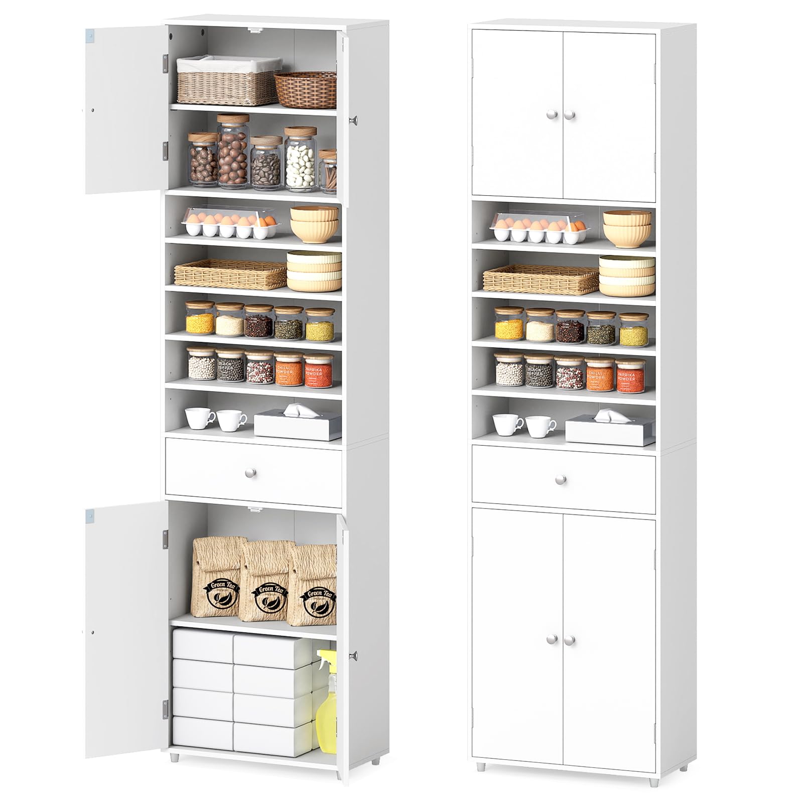 COSTWAY 180cm Tall Kitchen Cupboard, Buffet Pantry Storage Cabinet with 4 Door, Adjustable Shelves & Anti-tipping Device, Freestanding Sideboard Organizer for Home Dining Room (White)