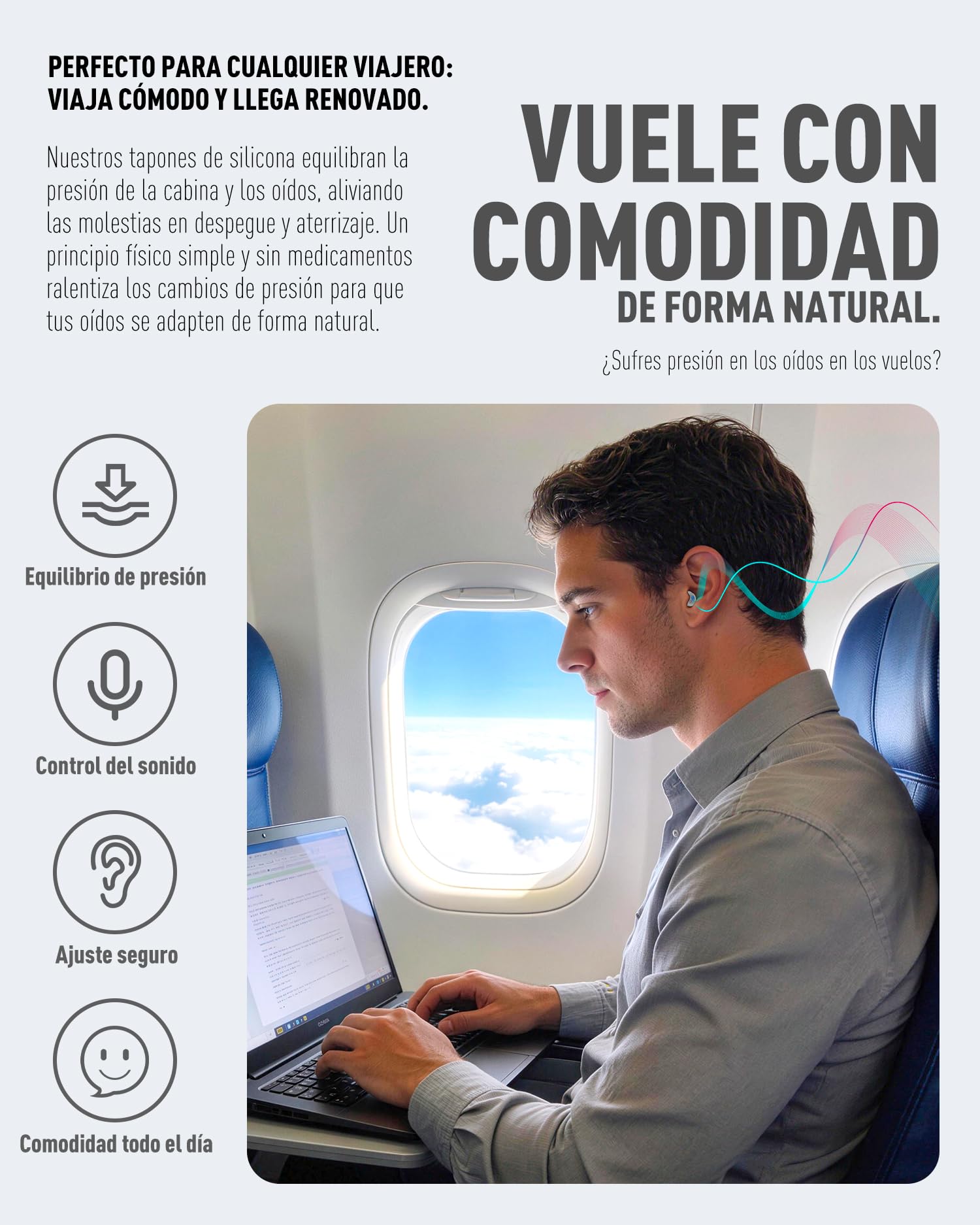 Tapones para los oídos para avión 2 pares, Tapones Reutilizables para prevenir el dolor de tímpano y Antiruido, Protección Auditiva para Adultos/Niños 12+ con pequeños canales