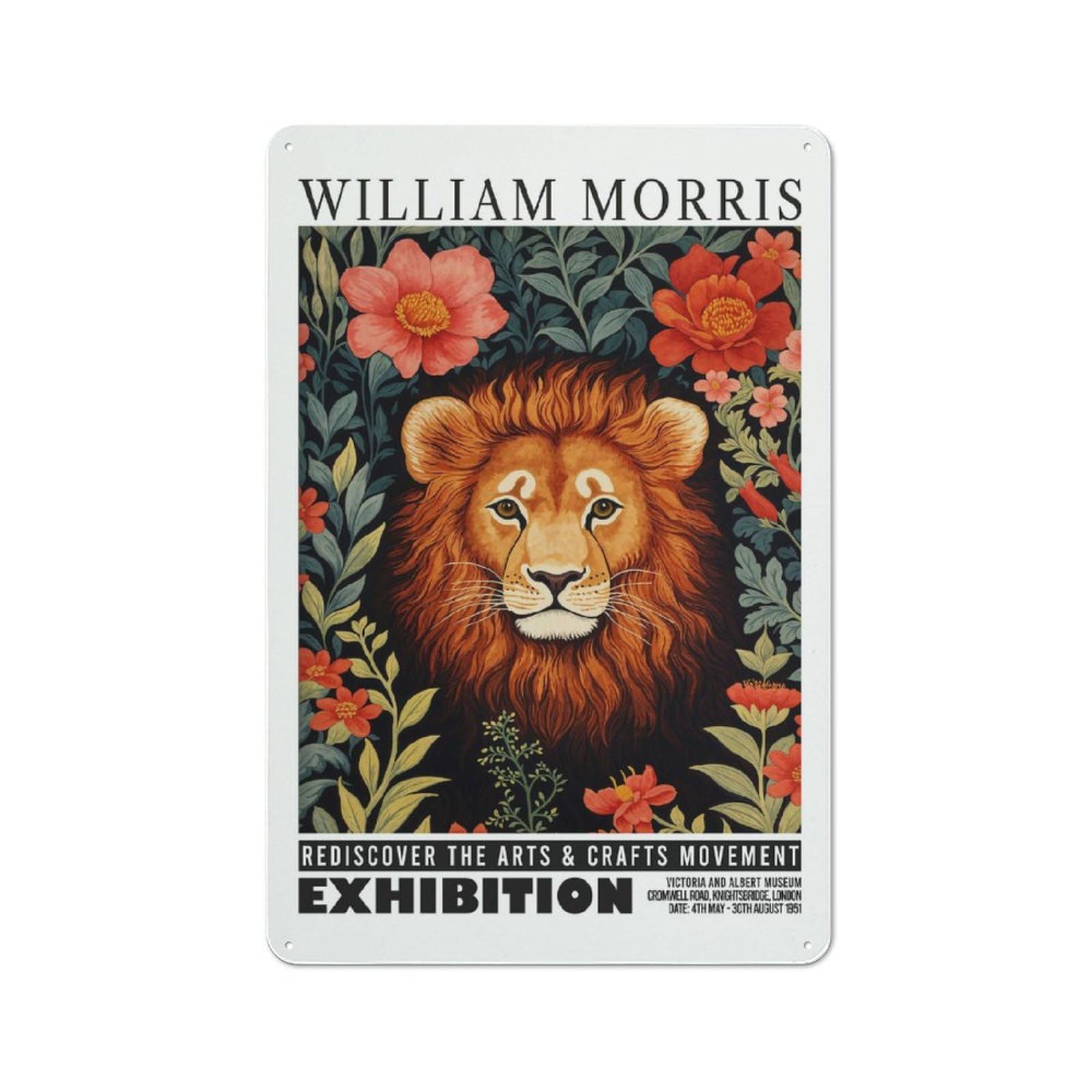Junmoney Style-17 Morris Floral Lion Exhibition Metal Wall Sign 30X20cm, Rustic Decor For Workshop Wall, For Vintage Wall Decor Fans, For Themed Room Decoration