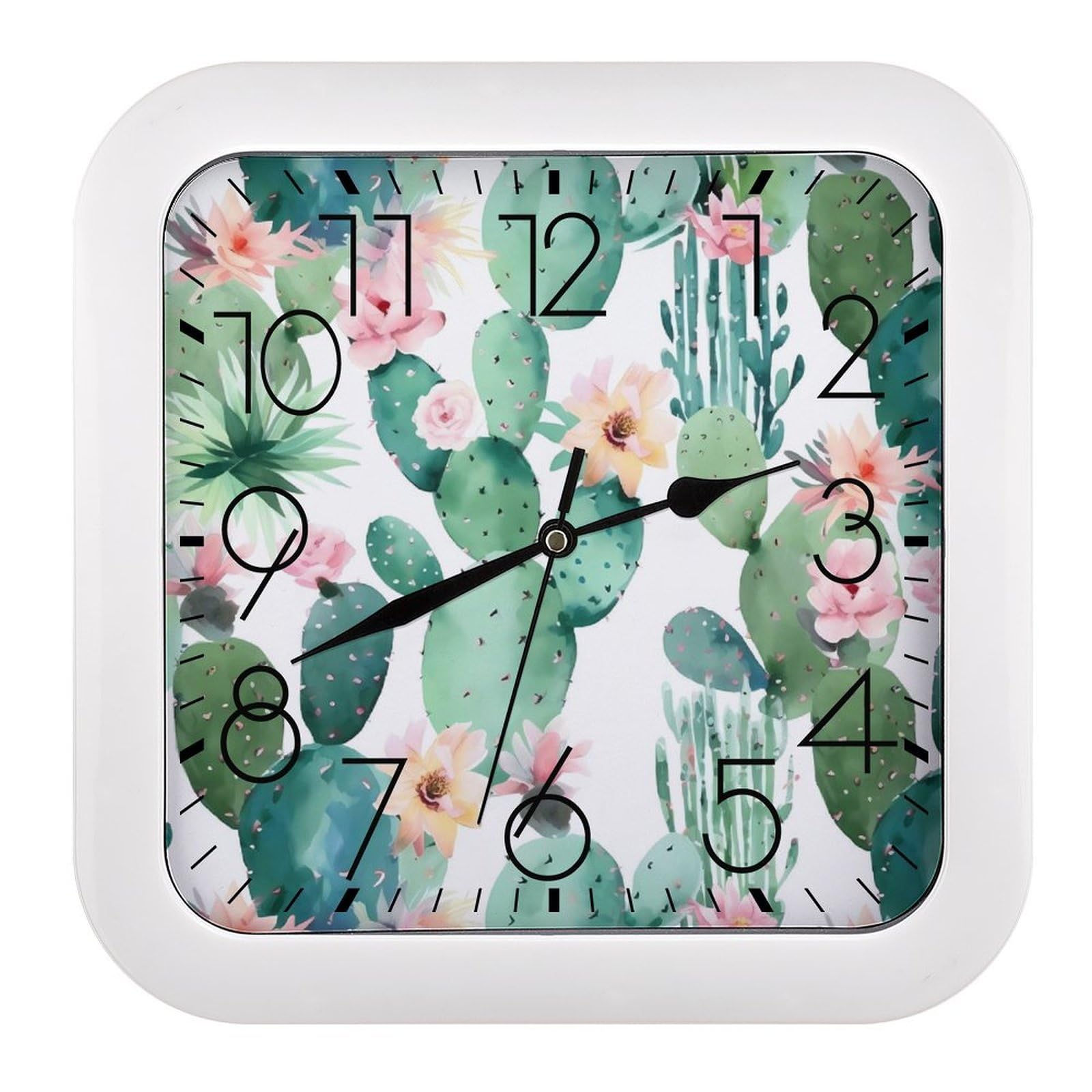 NTVOWPZO 10 Inch Wall Clock Cactus Pattern Battery Operated Wall Clocks Silent Non-Ticking Square Wall Clock for Living Room Kitchen Home Office Wall Decorative Clocks