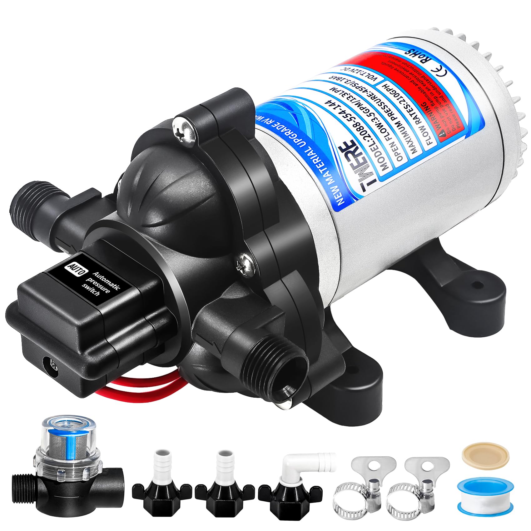 Photo 1 of 12V Fresh Water Pump,2088-403-144/2088-554-144 Diaphragm RV Pump,45 PSI 3.5 Gallons Per Minute RV Water Pump with 1/2MNPT Connection for Agricultural Spraying RV Marine Yacht
