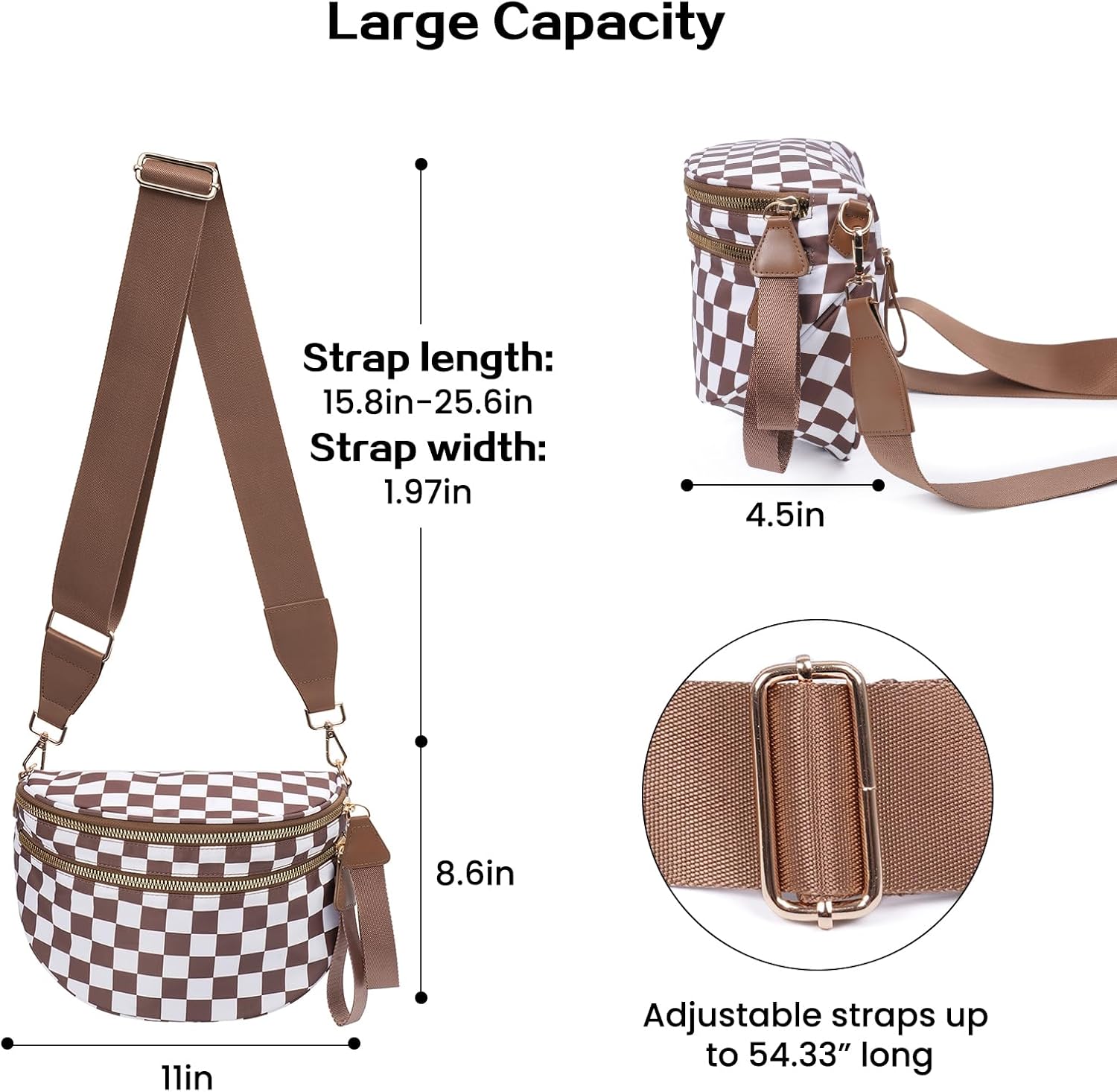 Checkered Bum Bag Crossbody Bag for Women, Spacious Purse Oversized Fanny Packs（Brown） - Image 5