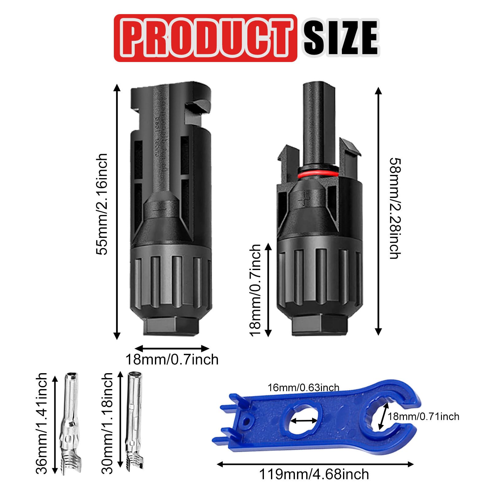 30 pares de conectores solares: macho/hembra, panel solar, conector fotovoltaico, IP67, resistente al agua, conector solar, conector de cable con 2 llaves