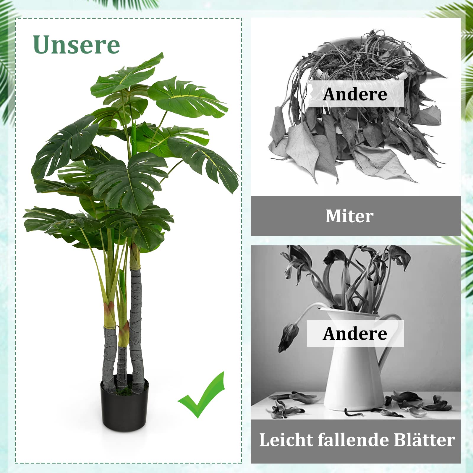 GOPLUS Sztuczne drzewko monstera o wysokości 120 cm, sztuczna roślina Monstera Deliciosa z 20 dużymi liśćmi, 3 pniami i realistycznym mchem, zawsze zielona sztuczna roślina z doniczką do wewnątrz i na zewnątrz