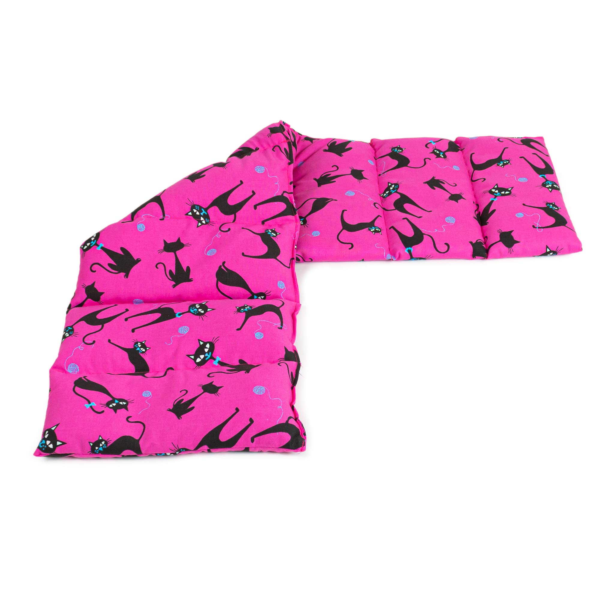 Saco térmico con pepitas de uva compartimentado en 8, 75x20cm - gato negro fondo fucsia - Almohada térmica para microondas - Calor y frío - Cojín térmico con semillas