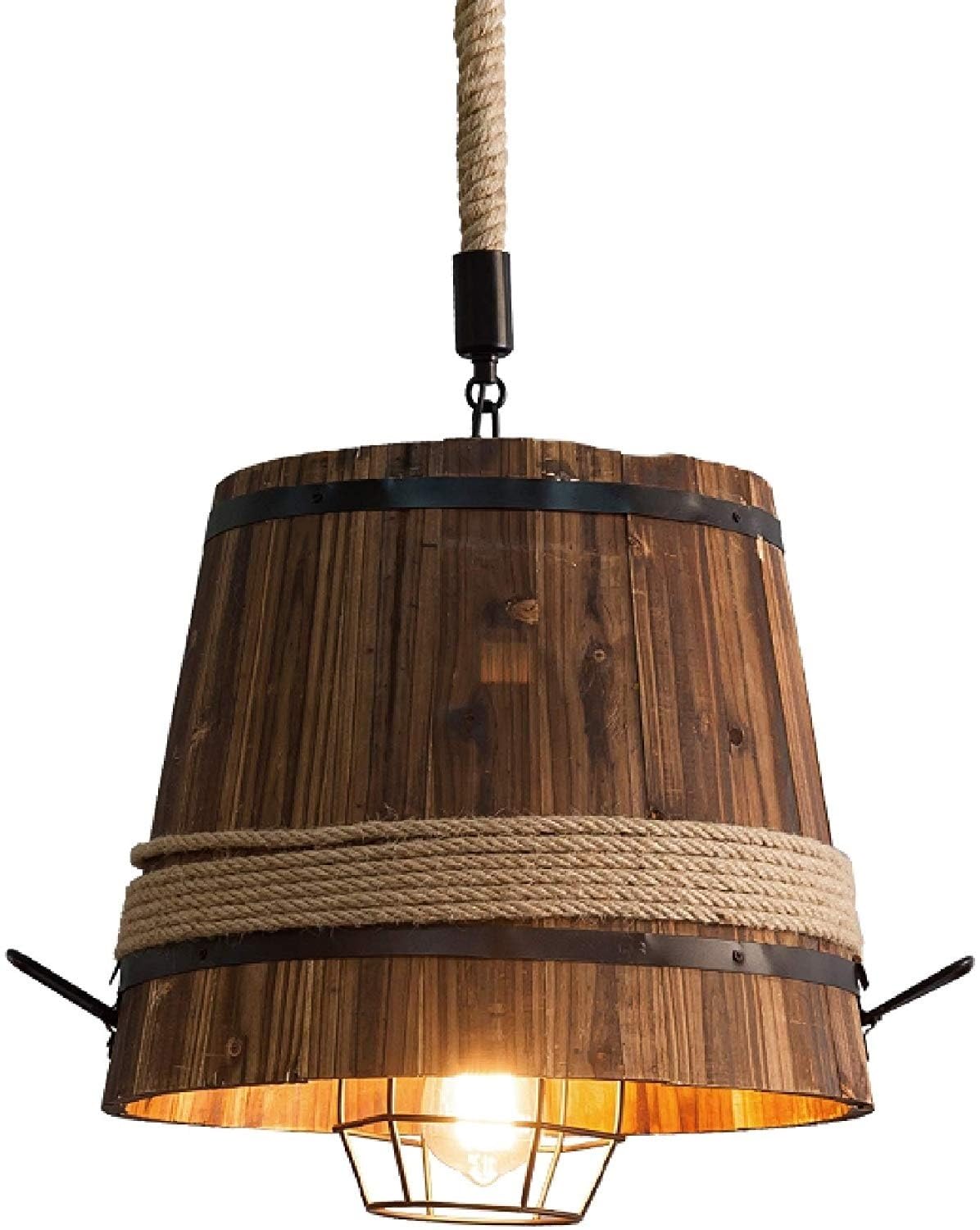 Bloohk One Color Rustic Wooden Bucket Pendant Light, Industrial Wood Barrel Chandelier With Hemp Rope & Metal Cage, Vintage Hanging Lamp For Kitchen Island, Bar, Restaurant