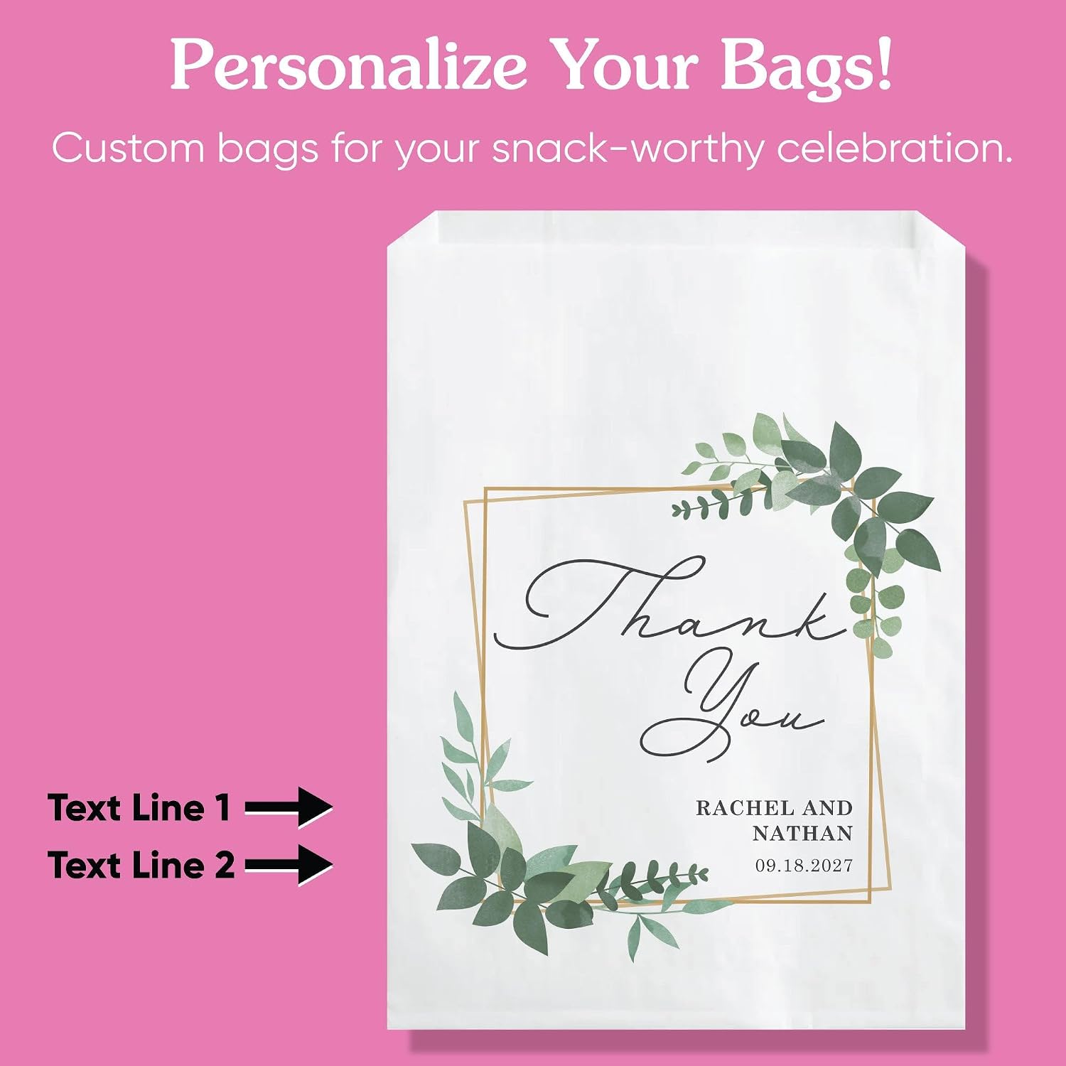 Big Dot of Happiness Personalized Boho Botanical Thank You Paper Treat Bags, Greenery Bridal Shower Wedding Party Individual Candy Snack Favors, Greaseproof White Sandwich Cookie Bags - 25 Count