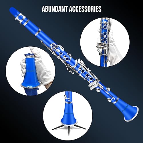 Miniatura 8 de Soulmate Bb Flat - Clarinete para estudiantes principiantes con 17 teclas de níquel con 2 barriles y kit de limpieza para clarinete, color azul