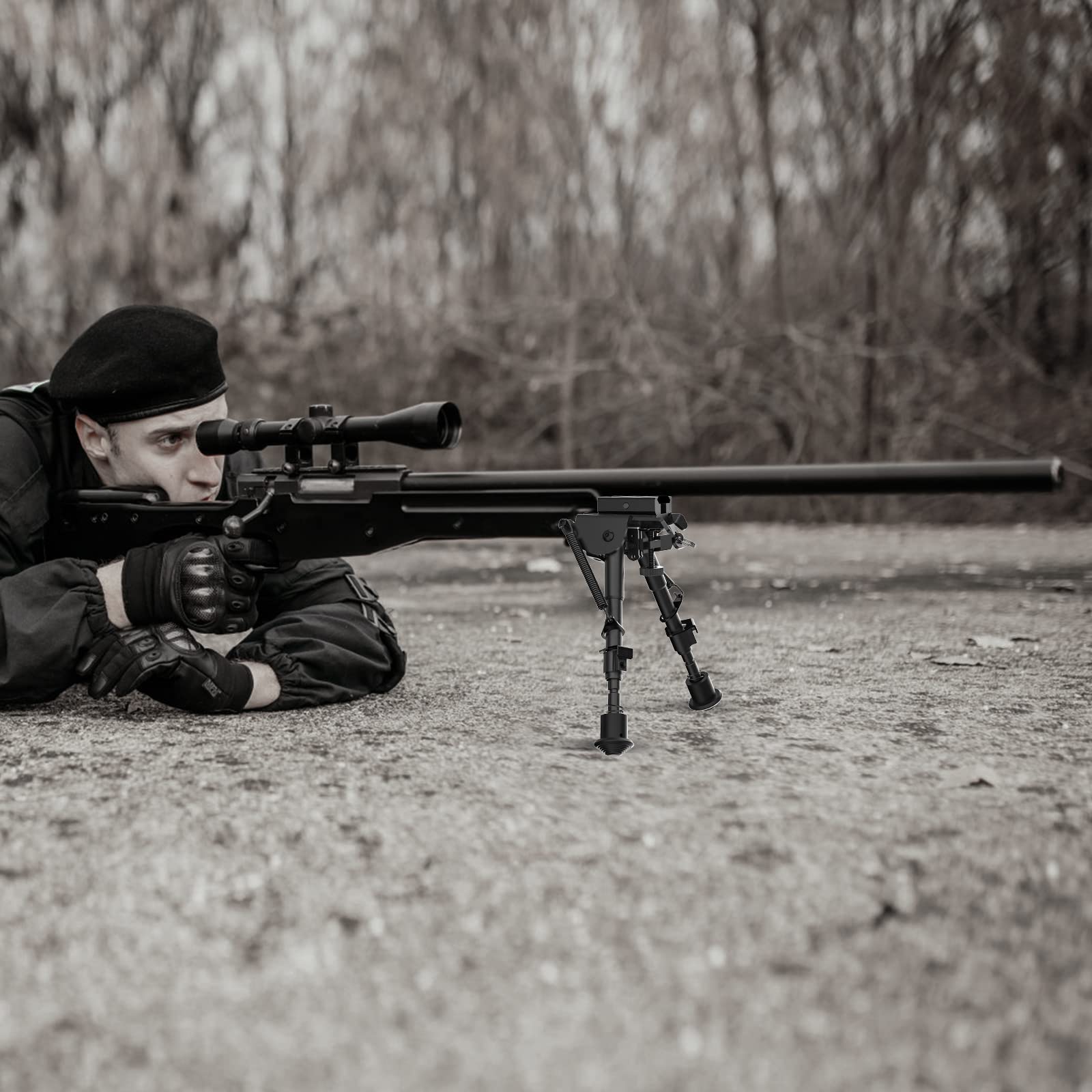 AOMEKIE Bipod Tattico 6-9 Pollici Airsoft Rifle Telescopico Regolabile Primavera Ritorno Picatinny & Swivel-Stud Clamp Caccia Bipiede con Adattatore di Montaggio Nero