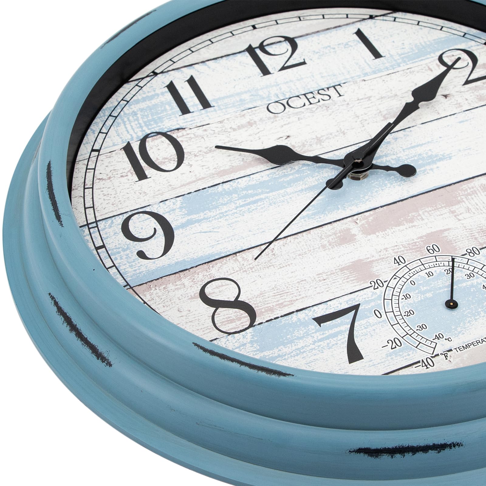 OCEST Reloj grande de 40,6 cm para interiores y exteriores, reloj de pared impermeable con termómetro, resistente a la intemperie, sin tictac, funciona con pilas, reloj decorativo para patio, piscina,