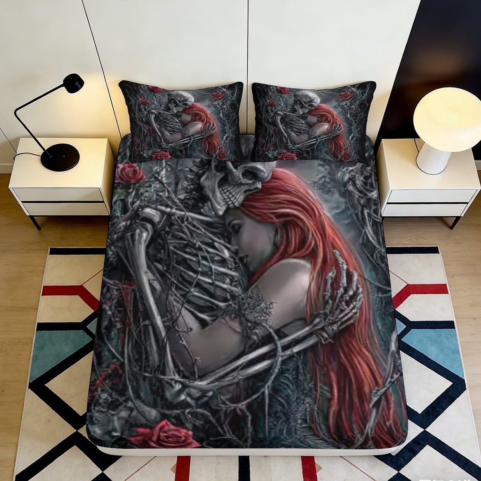 3D Printed Gothic Skeleton Rose Fitted Sheet Microfiber Dark Romantic Bed Cover for Bedroom Guest Room Easy Care 90x200x25cm