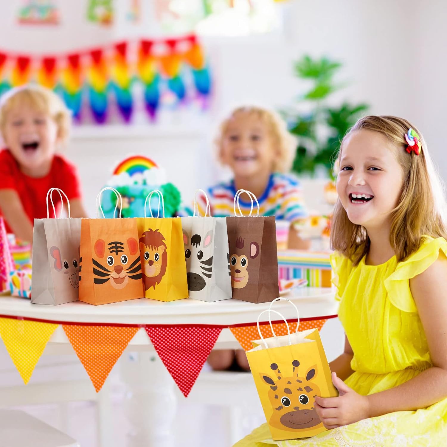 GWHOLE 12 Pack Jungle Animal Themed Candy Goodie Bags, Kraft Paper Treat Bags with Handles for Baby Shower Kids Birthday Party Safari Favors - Image 7