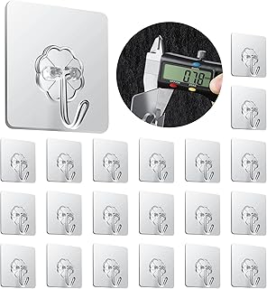Adhesive Hooks for Hanging, 20 Pieces Self Adhesive Hooks, Heavy Duty Wall Hooks Reusable Removable Waterproof 44 lb/ 20kg (Max), Bathroom Hooks, Transparent Sticky Hooks for Kitchen Bathroom Glass