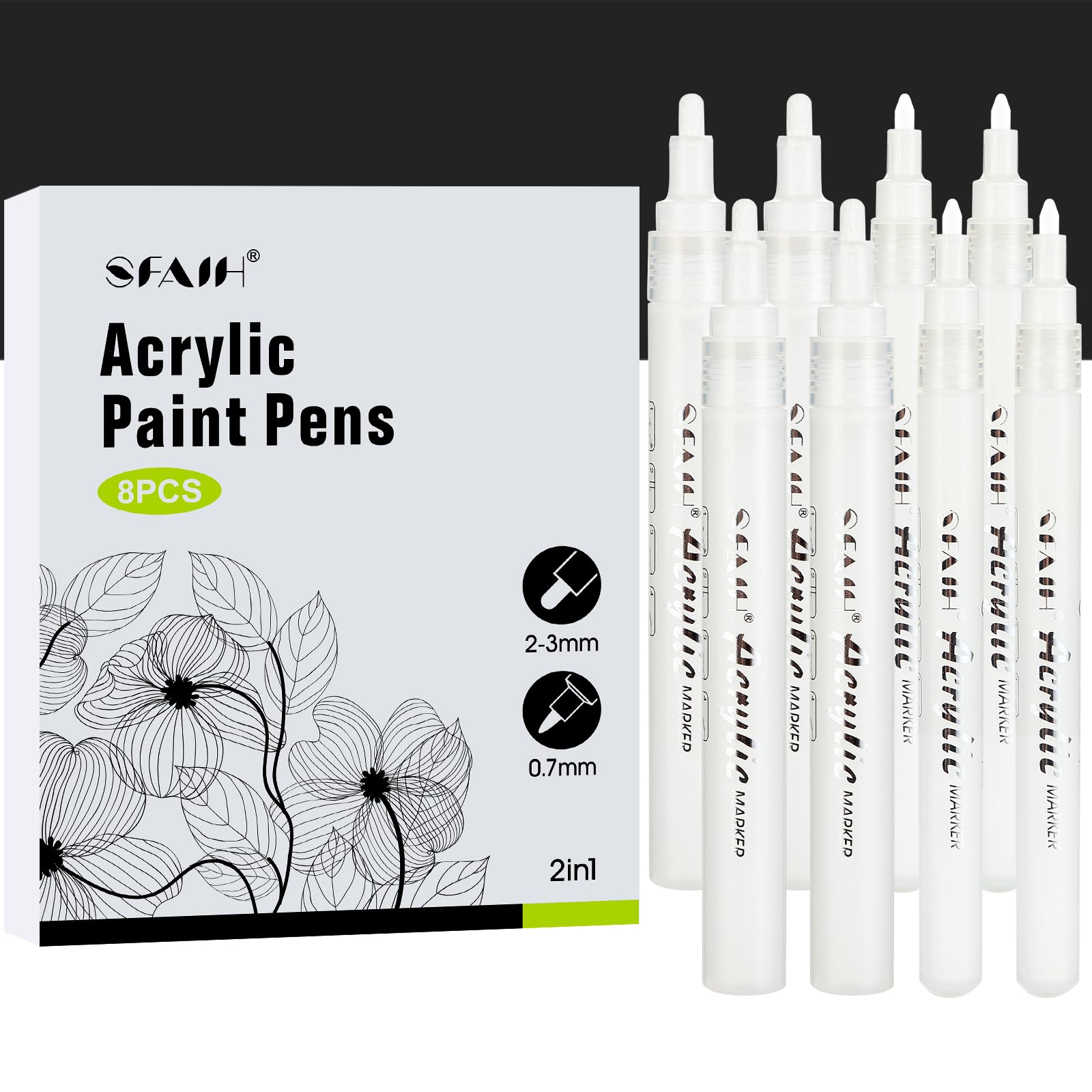 SFAIH Acrylic Paint Markers - White Paint Markers Paint Pens - 8 Pack Acrylic Marker for Rock Painting, Wood, Metal, Fabric, Plastic, Canvas, Glass,