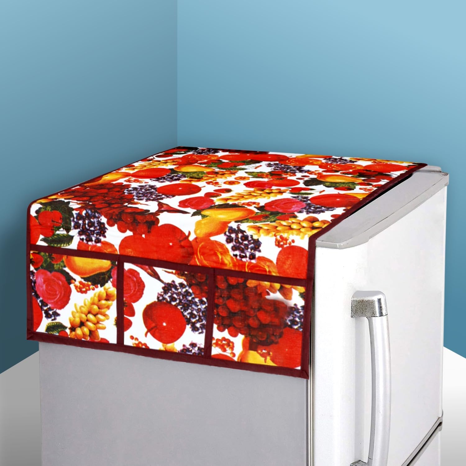 Kuber Industries Fridge Top Cover | Fridge Top Cover with Pockets | Refrigerator Top Cover for Kitchen | Fridge Top Cover with 6 Utility Pockets | Fruit Print Fridge Cover | Multicolor