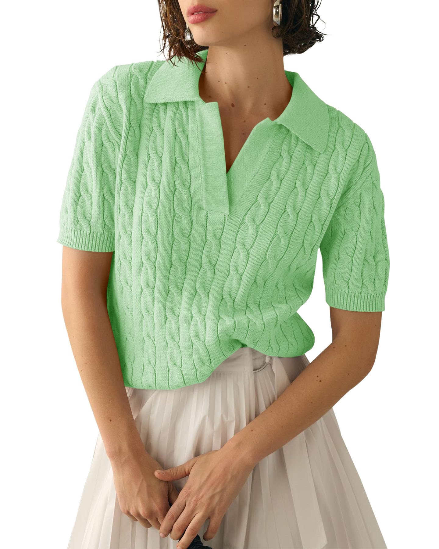 Imily Bela Women's Cable Short Sleeve Sweaters Tops Solid Lapel V Neck Knit Casual Soft Pullover Shirt