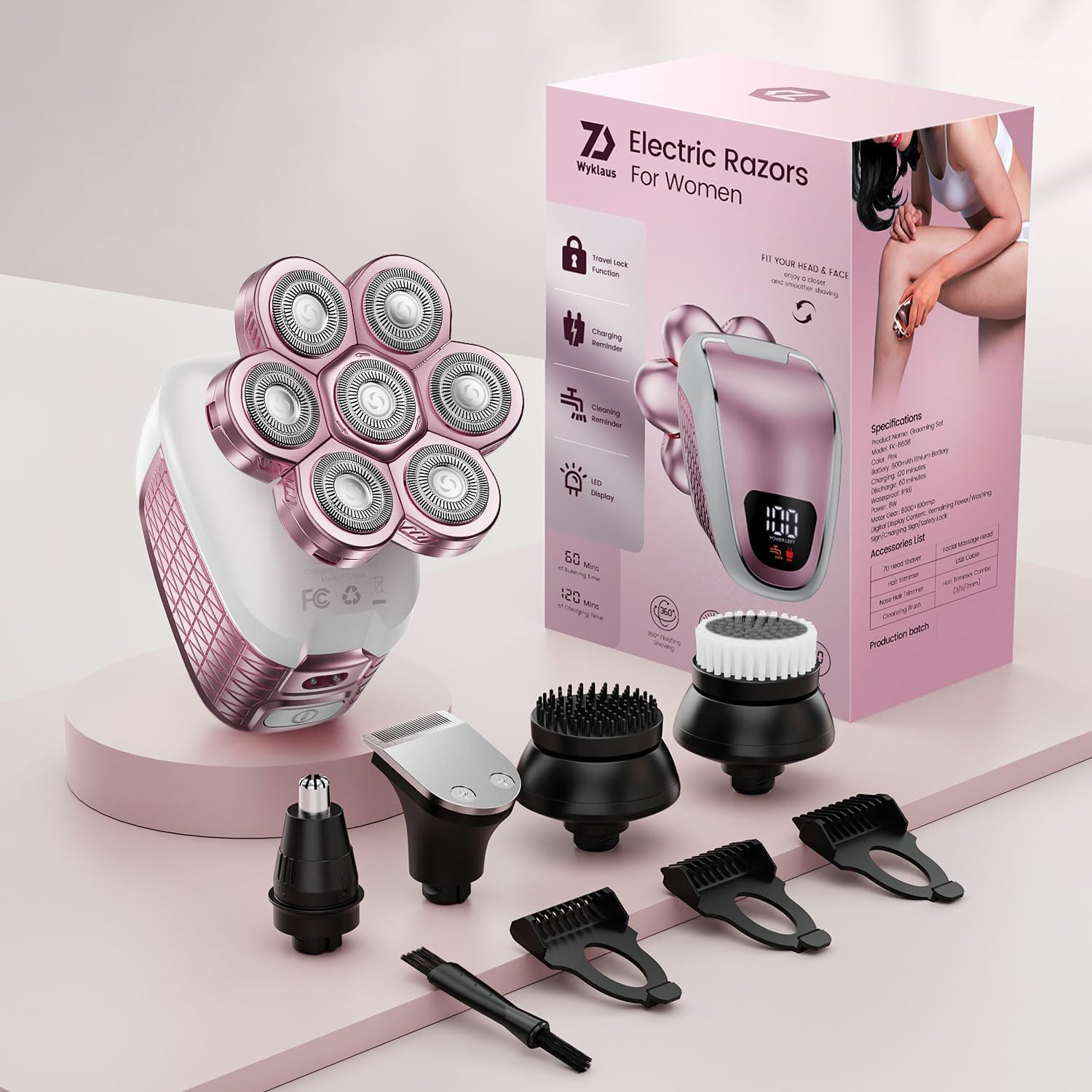 Electric Razors for Women Legs: 5-in-1 Rechargeable Electric Shavers for Body - Waterproof Wet Dry Hair Remover for Lady Face Underarms Public Valentine's Day Gifts (Light Pink) - Image 7