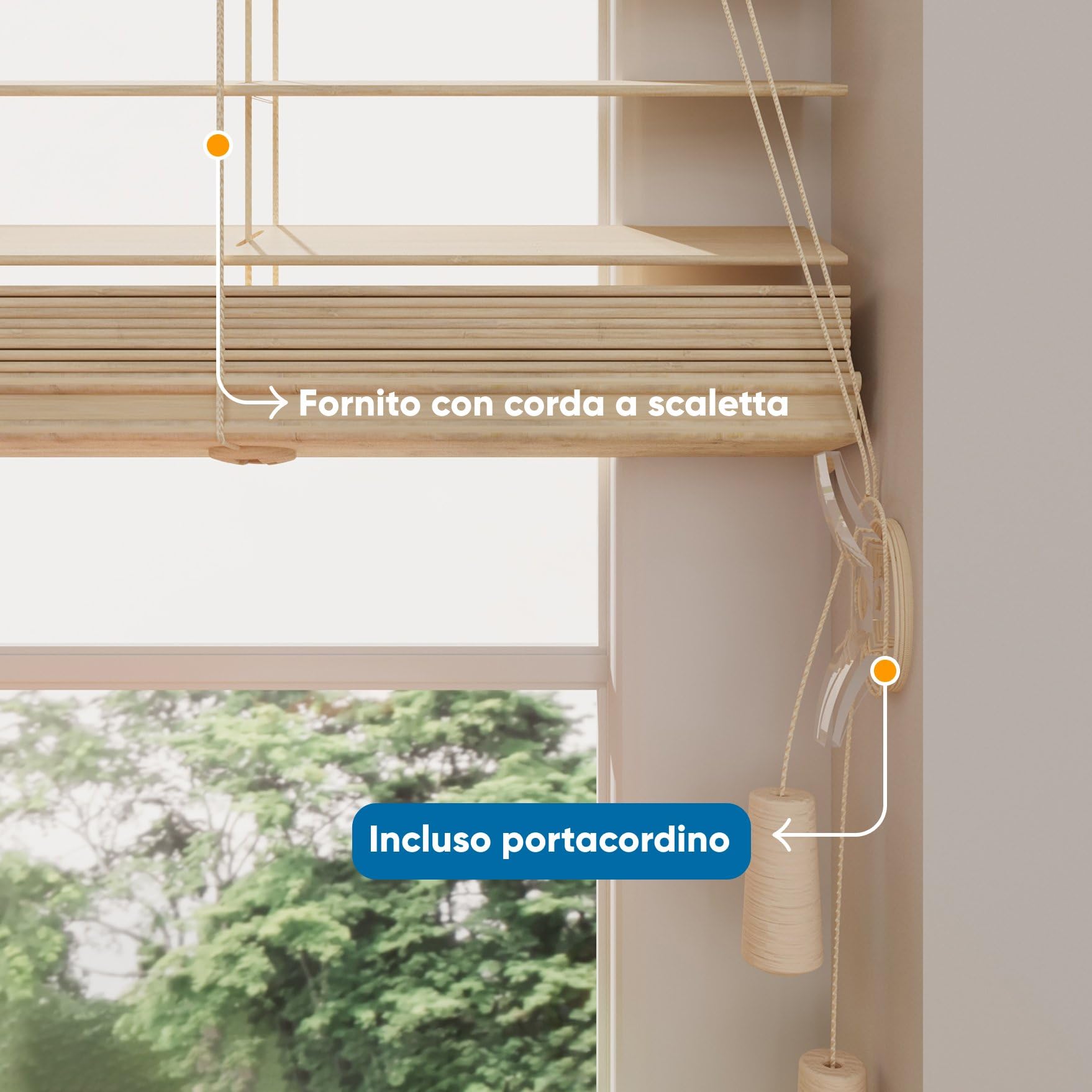 DTCH® Tenda veneziana in bambù interna rovere chiaro 110 x 240 cm (LxA), lamelle da 50 mm in legno di bambù, disponibile in larghezze da 50 a 250 cm, tenda interna, veneziane per finestre