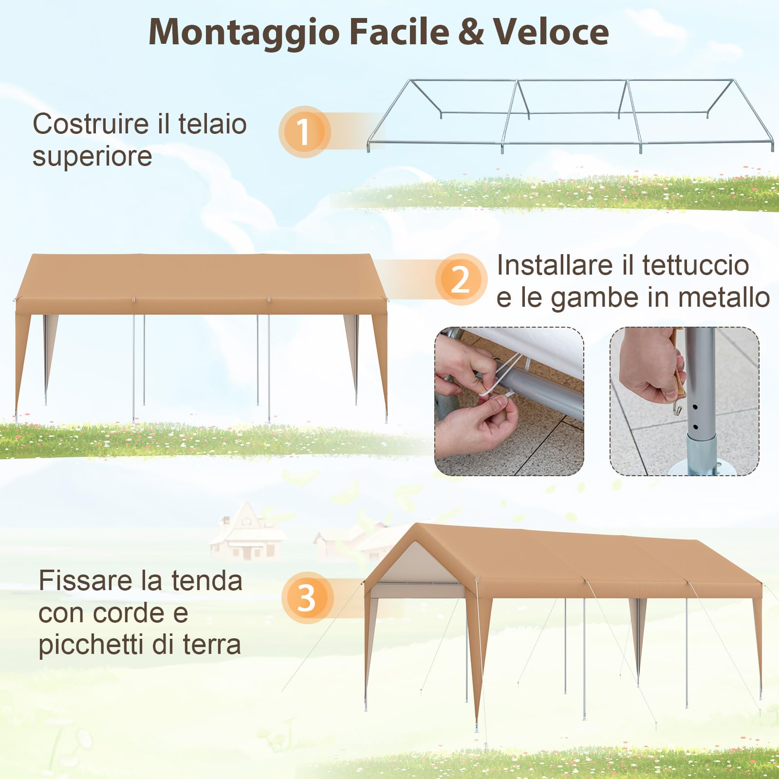 COSTWAY Gazebo Tenda per Posto Auto da Esterno, Tendone Garage per Auto, Carport Tenda Impermeabile in Metallo, 301 x 600 x 285 cm