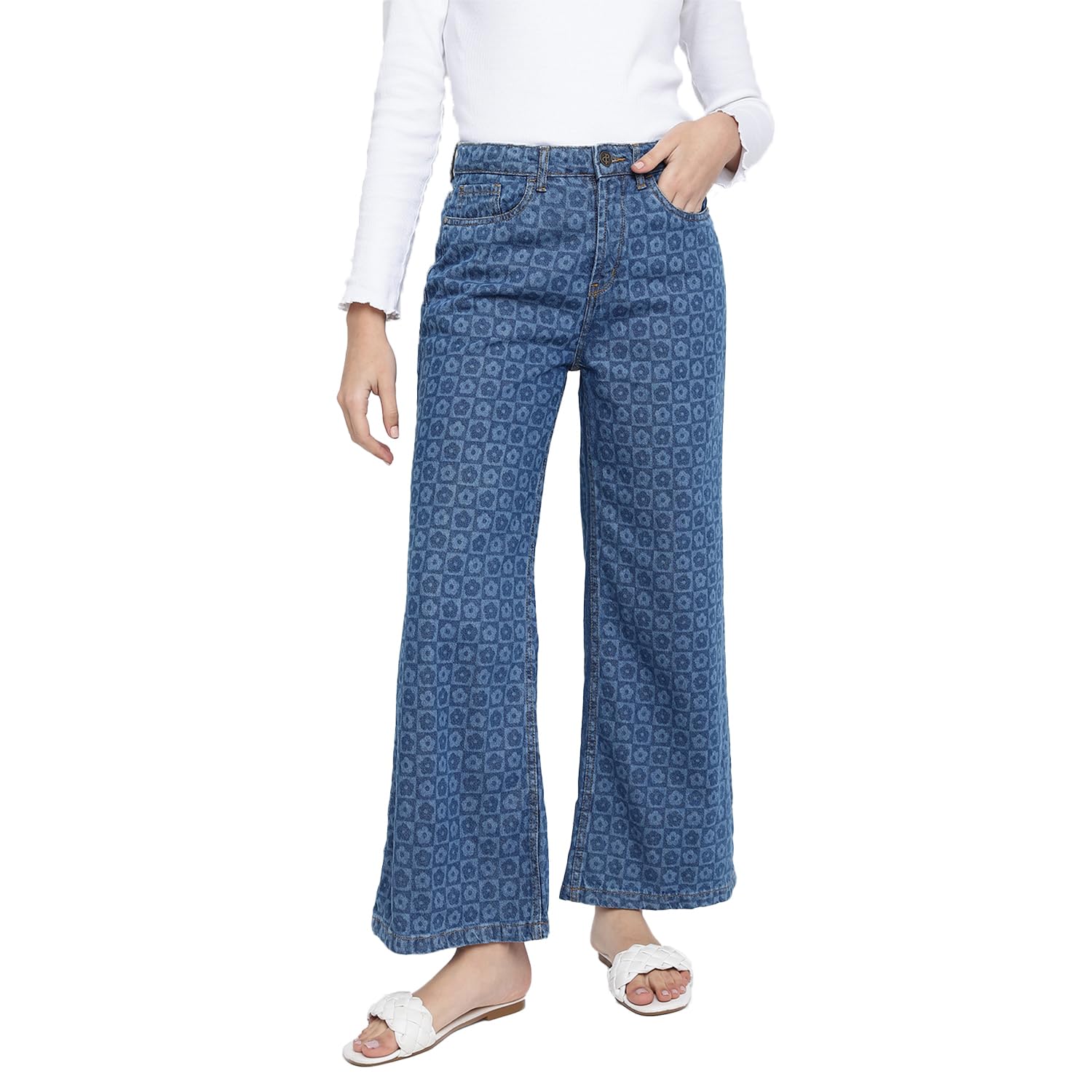 tales & stories Women's Mid Blue Wide Leg Fit Cotton Printed Jeans-Y115611-picture-36