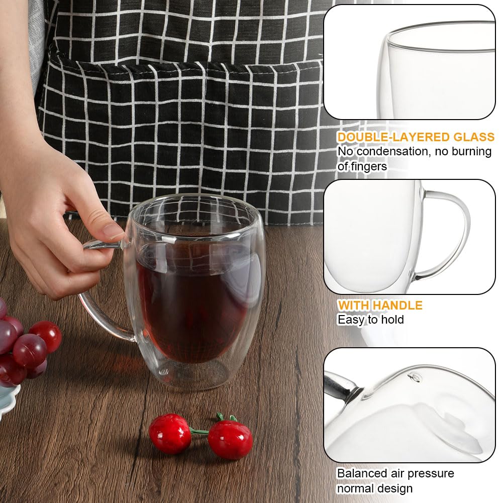 Vicloon Tazza Caffè Doppio Vetro Borosilicato, 2 Bicchieri Espresso Doppia Parete 350 ml, Tazzine di Vetro a Doppia Parete con Manico, Bicchiere Caffè Vetro per Tè, Latte, Cappuccino, Espresso, Succo