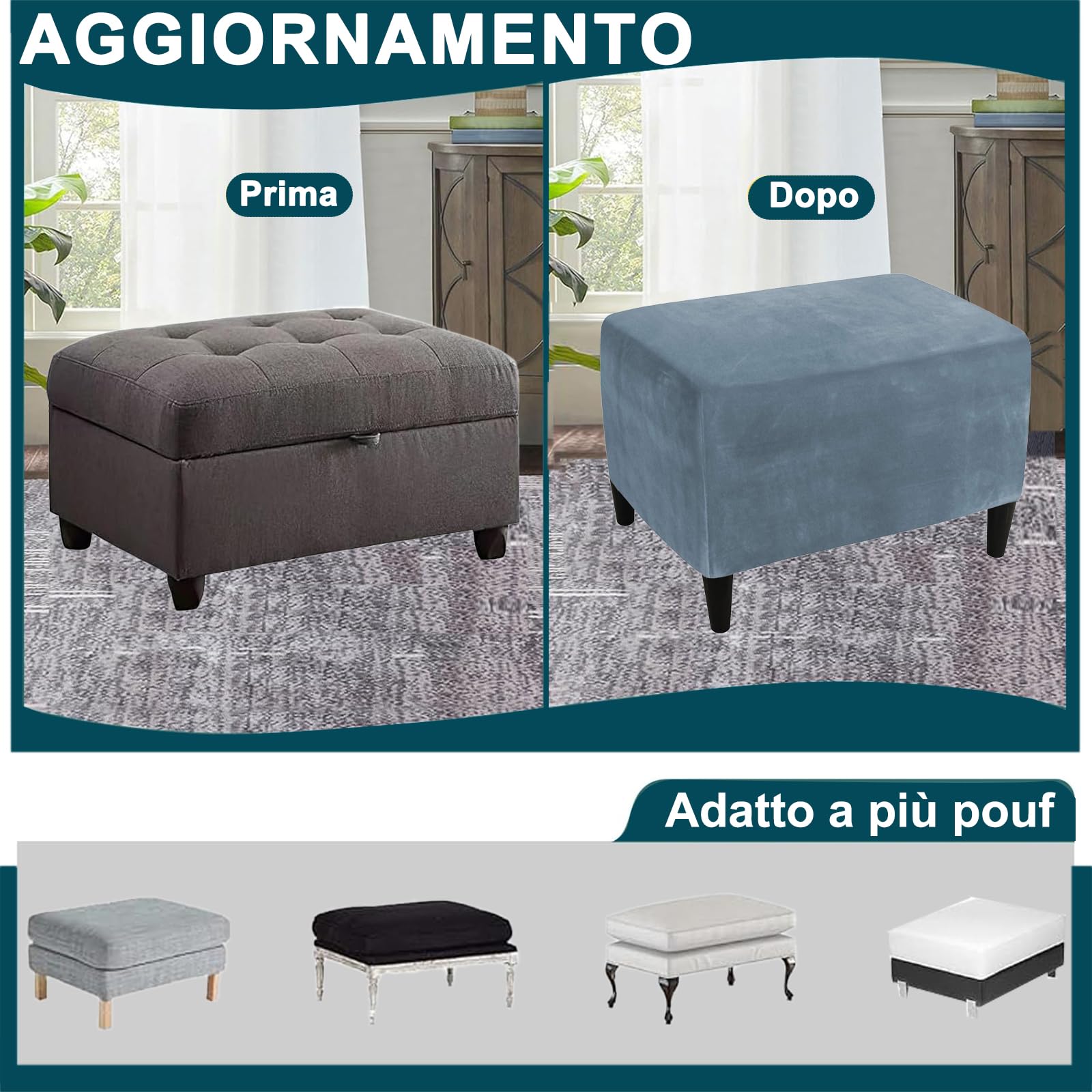 Copri Pouf Rettangolare, Elasticizzato Copri Poggiapiedi Velluto Copertura Dell'Ottomano Rimovibile Antiscivolo Copri Ottomano Con Fondo Elastico-blu grigio-Large