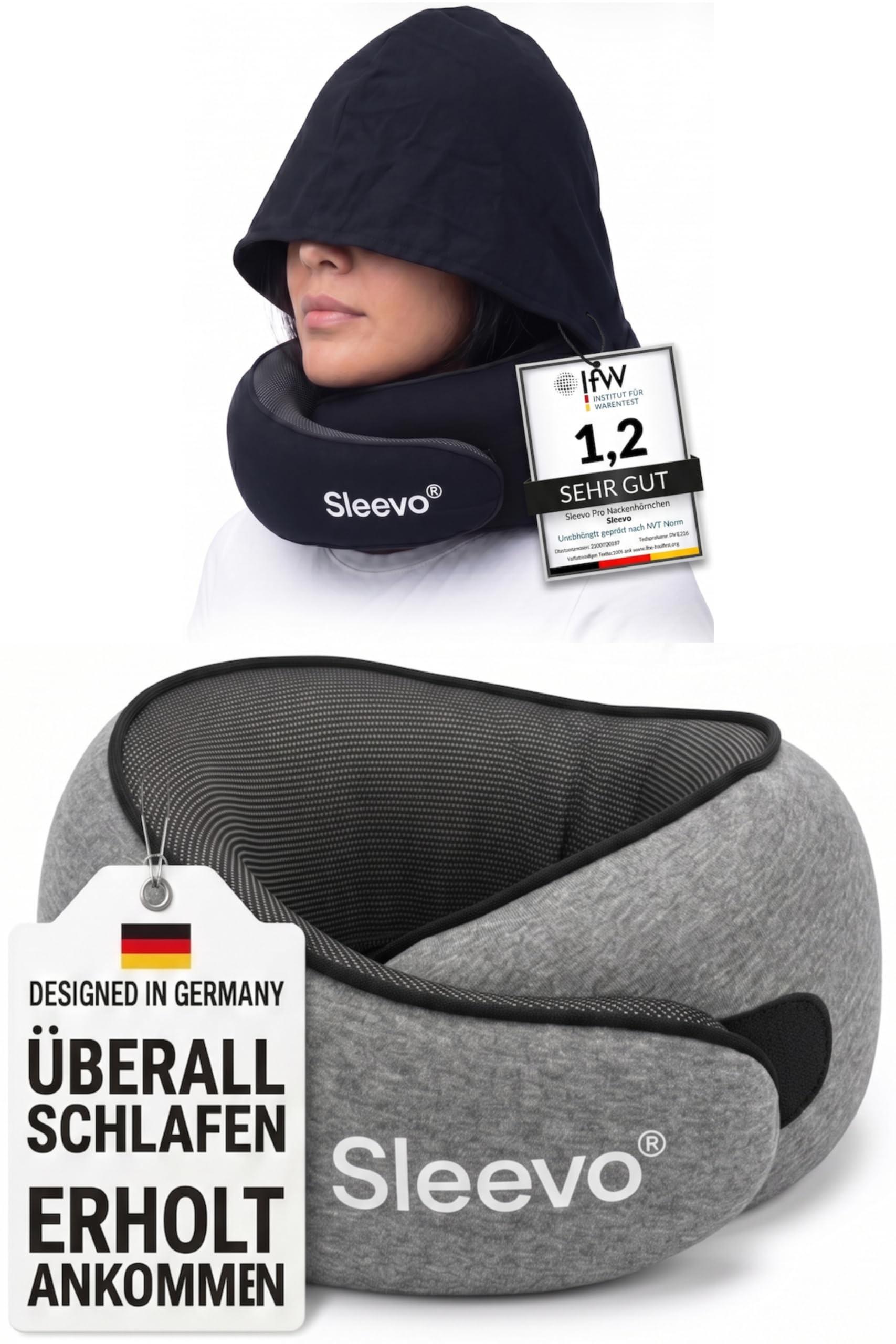 Sleevo Pro Nackenkissen mit Kapuze & Memory Foam – Ergonomisches Reisekissen für Flugzeug, Zug & Auto – Nackenhörnchen mit Sichtschutz, Waschbar inkl. Tasche – Grau (L)