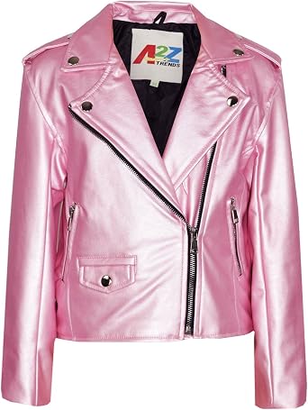 Girls Jackets Kids PU Faux Leather Metallic Silver Jacket Zip Up Biker Coat 5-13