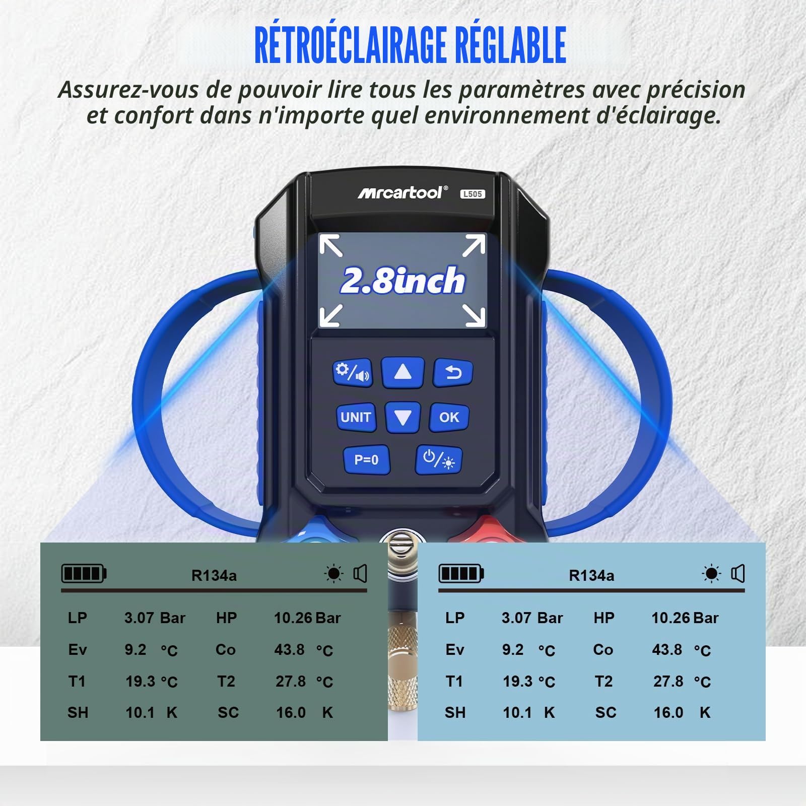 MRCARTOOL Manomètre numérique à collecteur L505 pour 95 réfrigérants R410A R1234yf R22 R32, évacuation haute précision, test de pression, test de température, remplissage de réfrigérant et test de