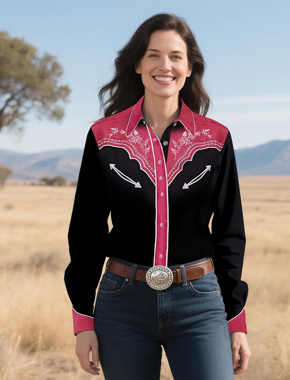 Women's Embroidered Western Cowgirl Snap Button Down Shirt with Stretch Long Sleeve Loose Blouse - Image 2