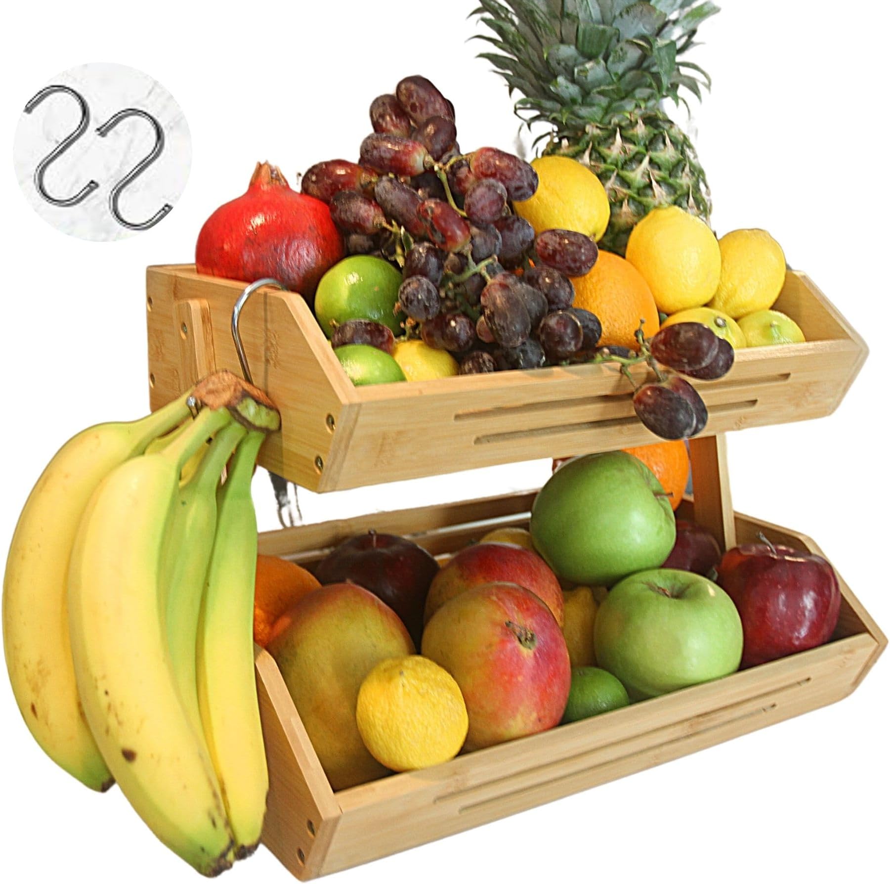2 Tier Bamboo Fruit Basket for Kitchen Counter with Banana Hanger Hooks, Wooden Fruit Holder for Kitchen Countertop, Vegetable Storage Stand for Fruit Shop
