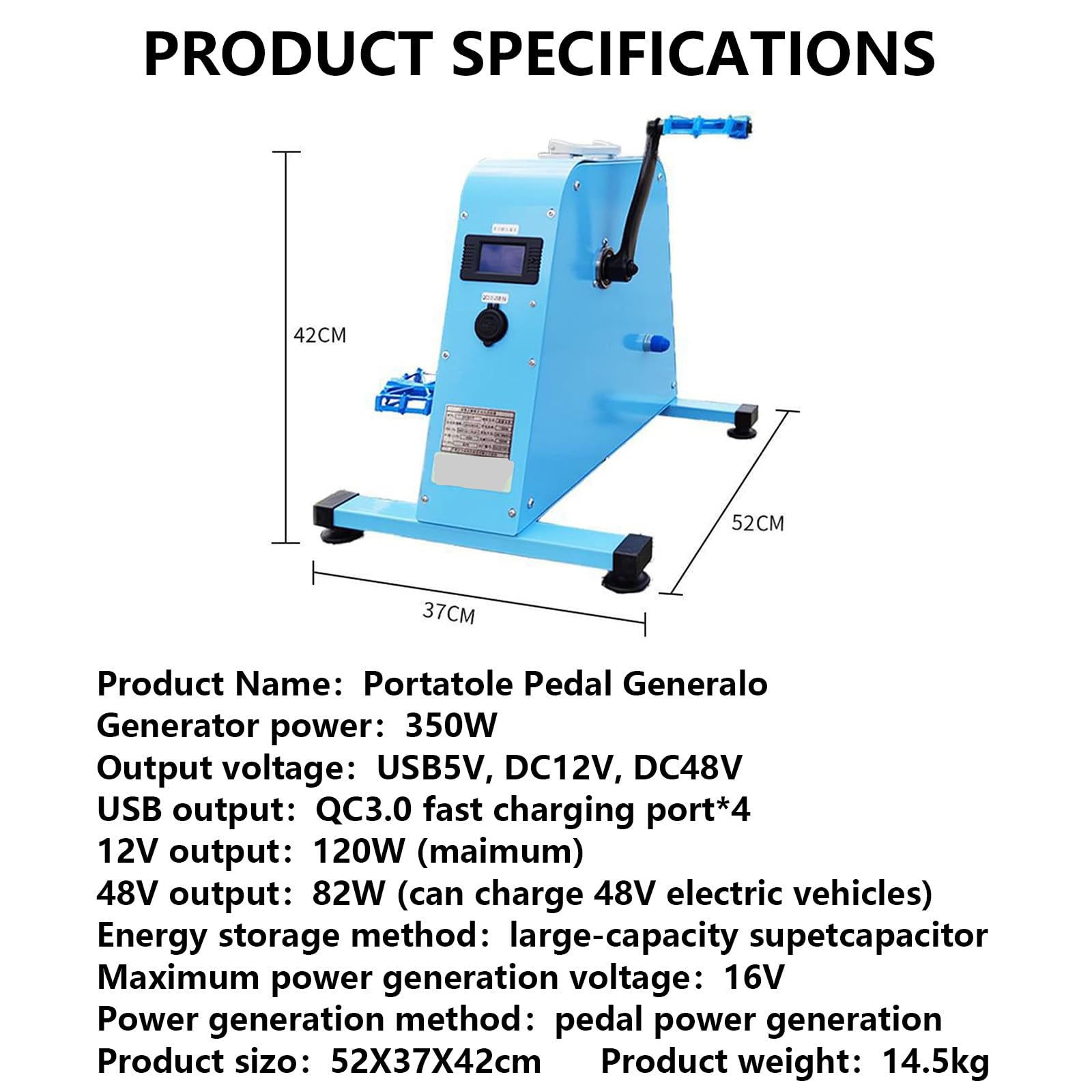 Przenośny generator prądu z korbą ręczną z pedałem nożnym z wyświetlaczem ekranu, wielowyjściowy DC USB/12V/48V/220V do awaryjnego ładowania na zewnątrz, smartfonów, powerbanków, skuterów