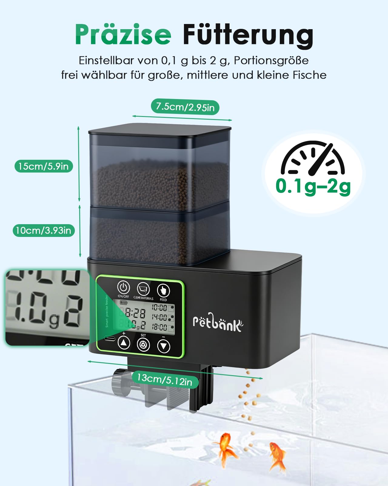 Futterautomat Aquarium, 230/510ML Automatischer Fischfutterautomat für Aquarium mit Timer, Wiederaufladbare Fische Fischfutterspender mit USB-Kabel LCD-Anzeige, Fisch Futterautomat