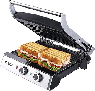 VEVOR Electric Contact Grills, 1500W Indoor Countertop Panini Press Griddle, Sandwich Maker with Non Stick,2 Reversible Ir...