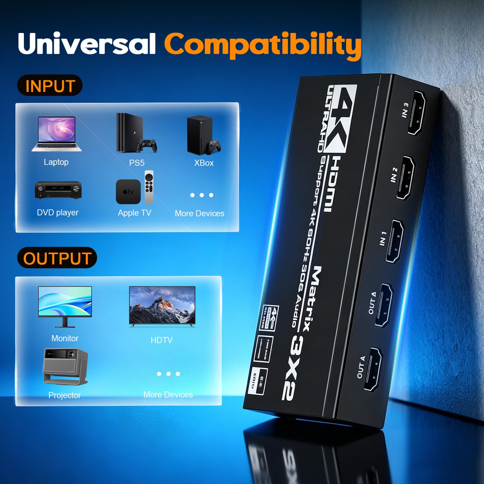 Switch Hdmi 4K 60Hz 3x2, HDMI Switch Splitter 3 in 2 Out, HDCP 2.3 HDR10 18Gbps, mit IR Télécommande & 3.5mm Audio Extractor, Support 4K@60Hz, HDCP 2.2, pour Switch, PS5, Xbox, PC