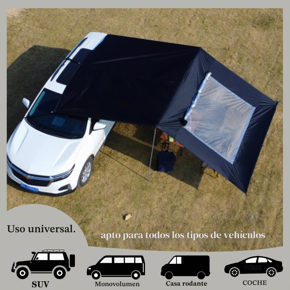 Toldo para Camper 2.9x4.8m Van Caravana Toldo de Puerta Impermeable y Protección Solar para Maletero Refugio Solar Tarp de Camping con Poste (Negro)