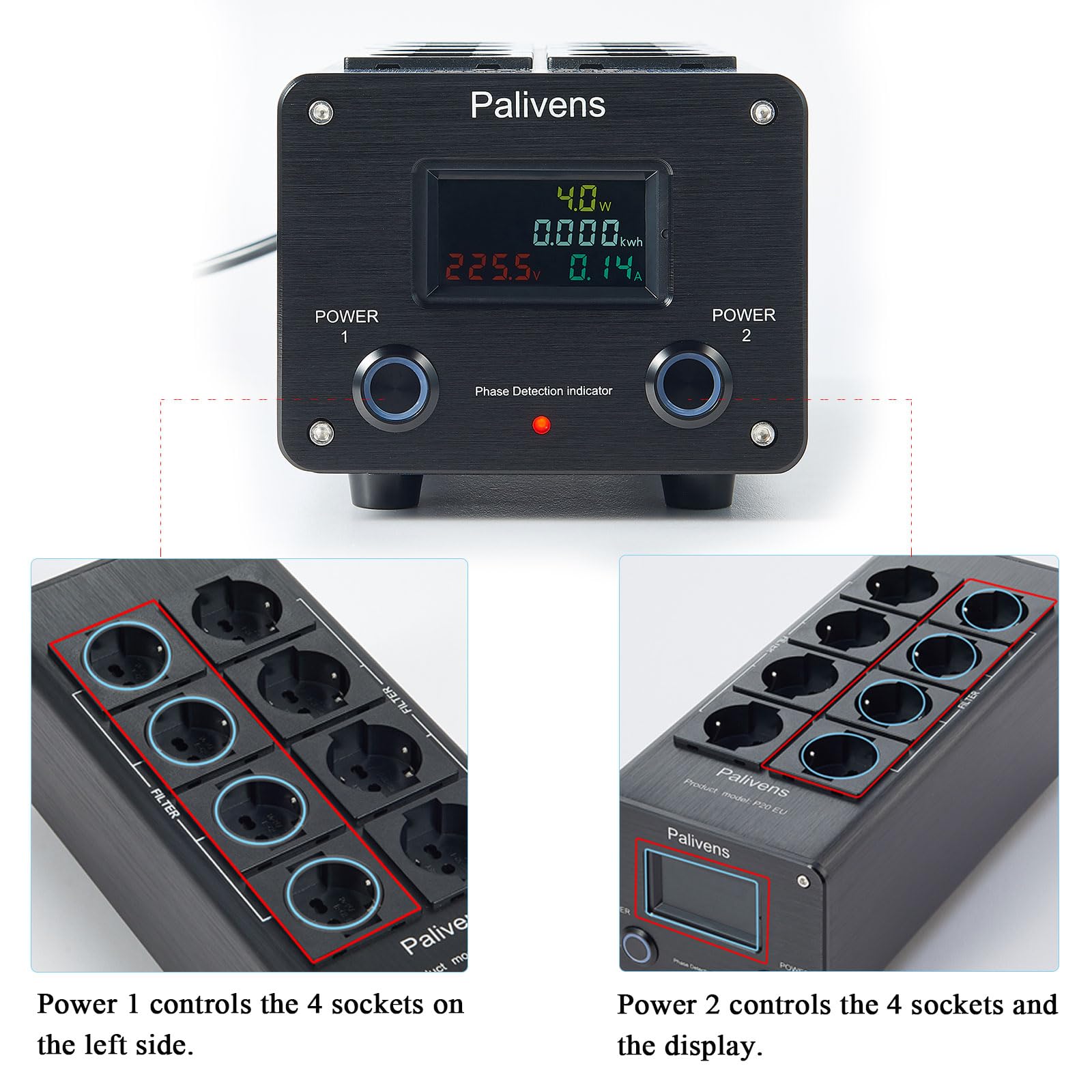multipresa con filtro di rete HiFi con ampio display LCD, nero | presa con filtro antidisturbo a 8 vie con protezione da sovratensione, protezione del carico fino a 15 A