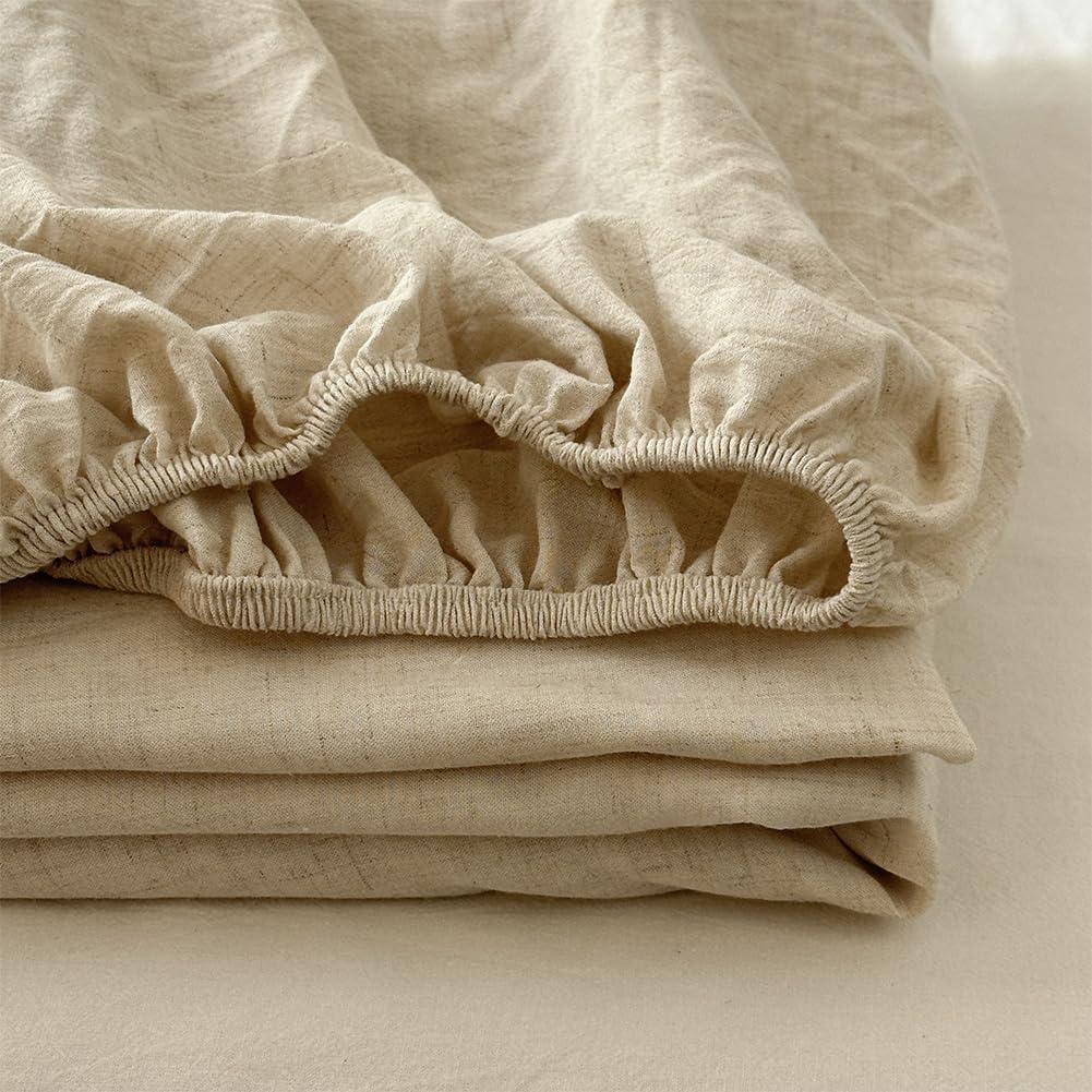 Cooling Linen Fitted Sheet 1 Pack Twin Size Only, 8-15" Deep Pocket Mattress Cover, 30% Natural Flax & 70% Viscose Blended Bottom Sheet Soft & Breathable(Linen, Twin)